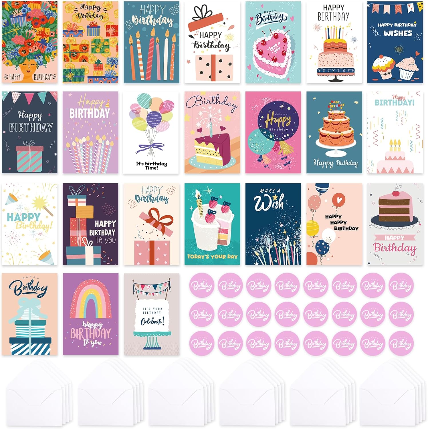 Birthday Cards,24 Pcs Blank Cards with Envelopes & Stickers,24 Design,4x6 Inches Happy Birthday Card,Birthday Card for Kids, Family, Friends, and Colleagues (24 Pack Colorful-Birthday) Thumbnail