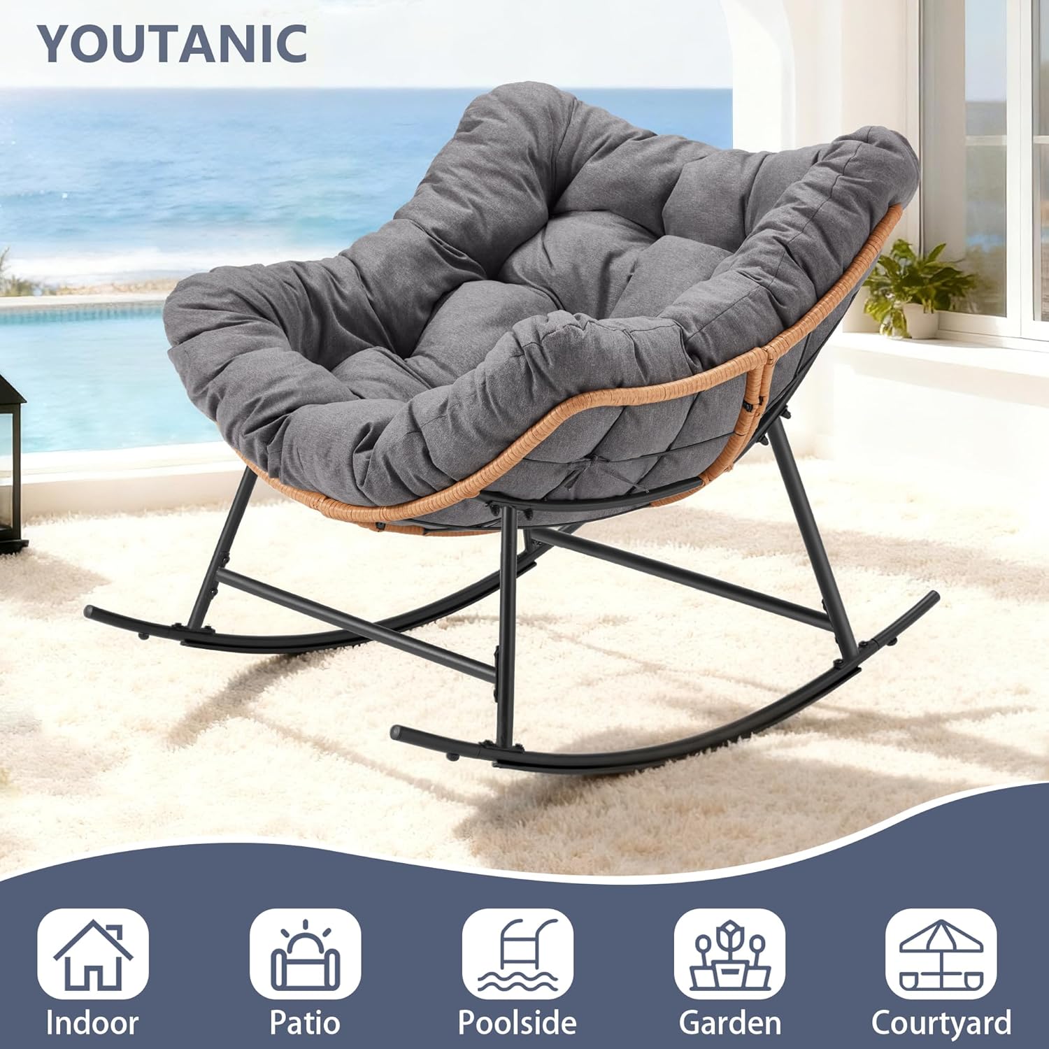 Outdoor Rocking Chair, Oversized Papasan Reading Chair Indoor with Thick Cushion, Comfy Rattan Rocker Egg Chair for Patio, Garden, Balcony, Lawn, Backyard, Bedroom, up to 450lbs, Dark Gray