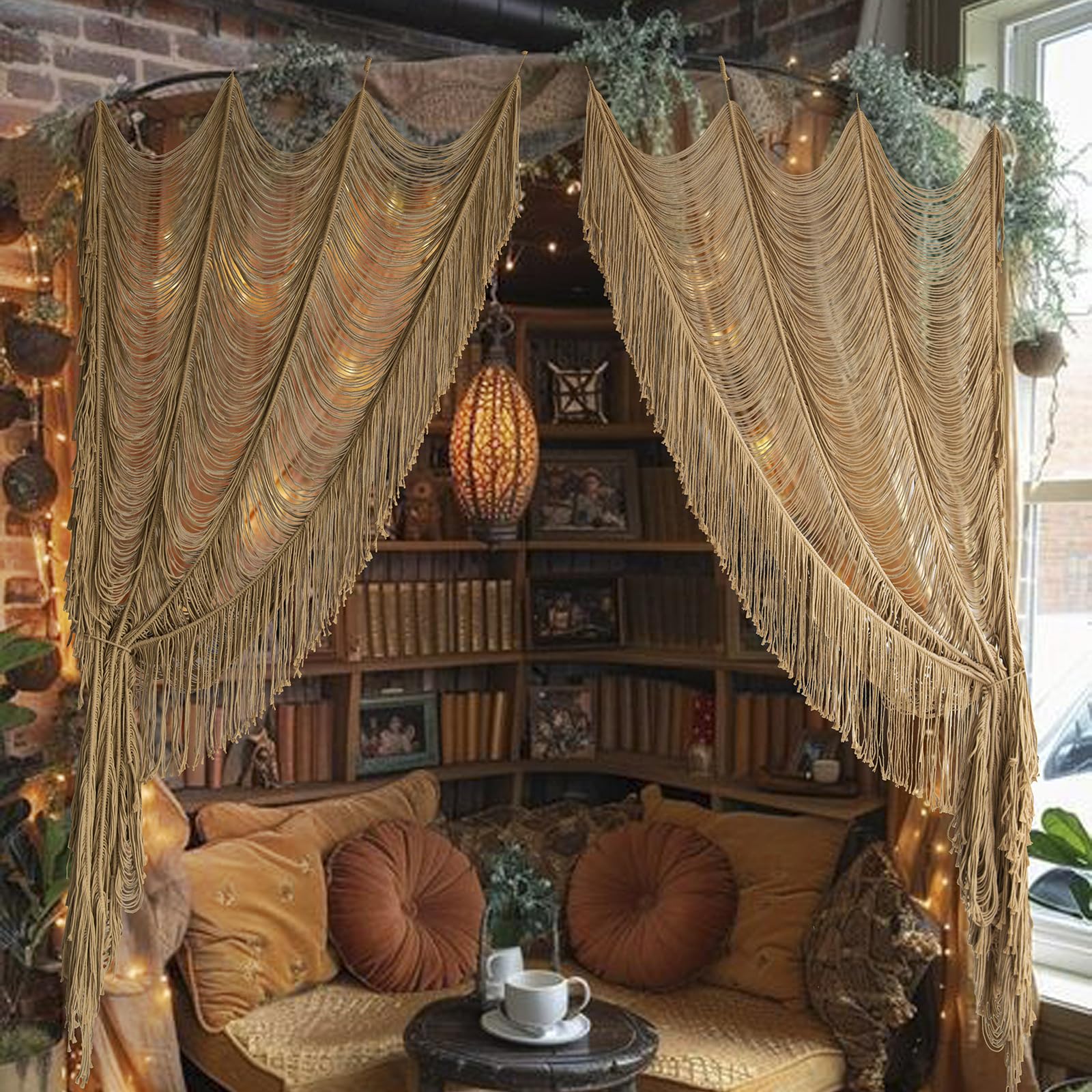 Macrame Curtain Boho Curtain Doorway Window Wall Decor Fiber Yarn Art Handwoven Wall Hanging Art Craftsmanship Home Door Bedroom Wedding Backdrop Arch,Closet Room Divider 59" W x 75" H (1 Panel,Khaki)