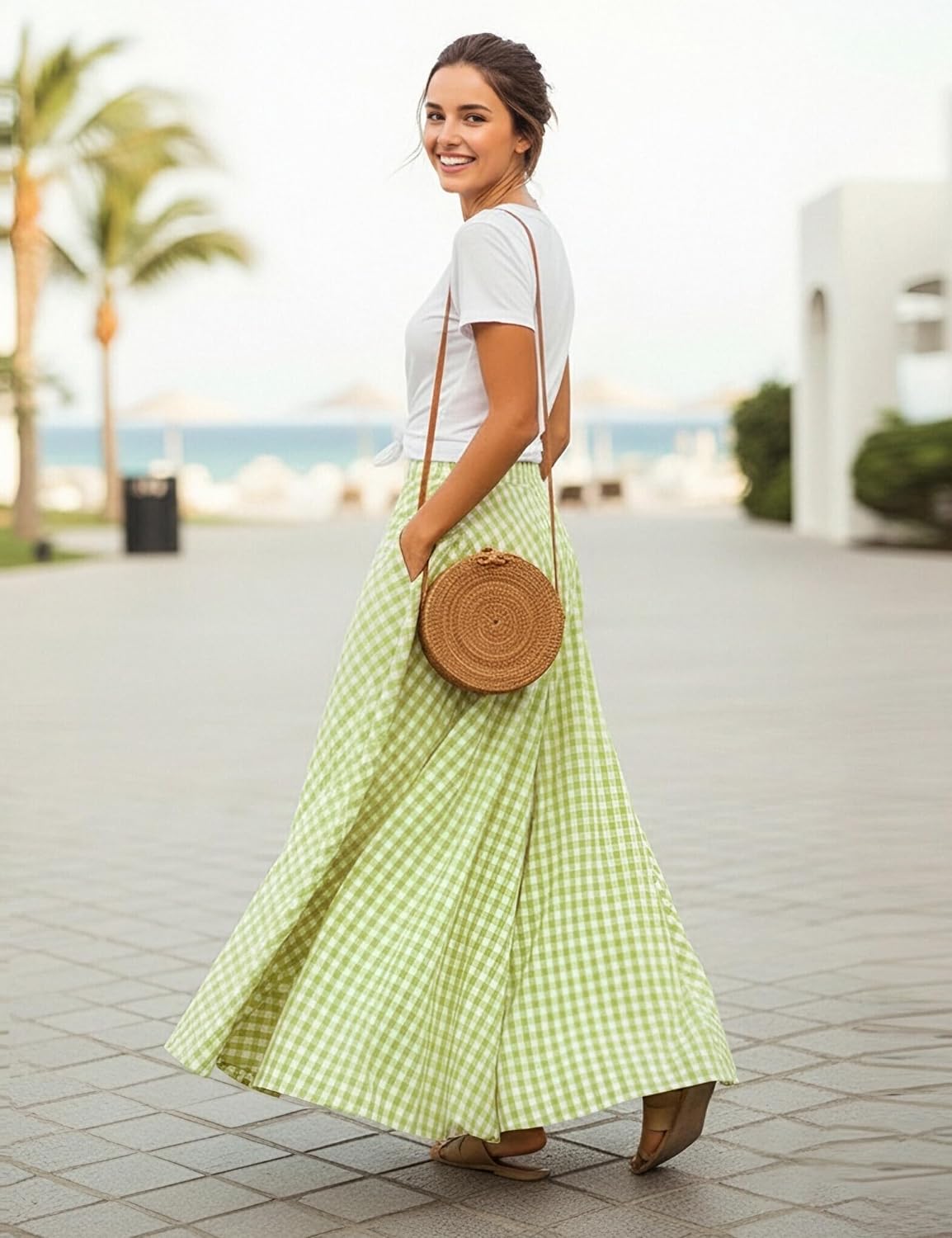 Mansy Women's Plaid Gingham Maxi Skirt High Waist A Line Pleated Flared Summer Casual Swing Long Skirt 2026