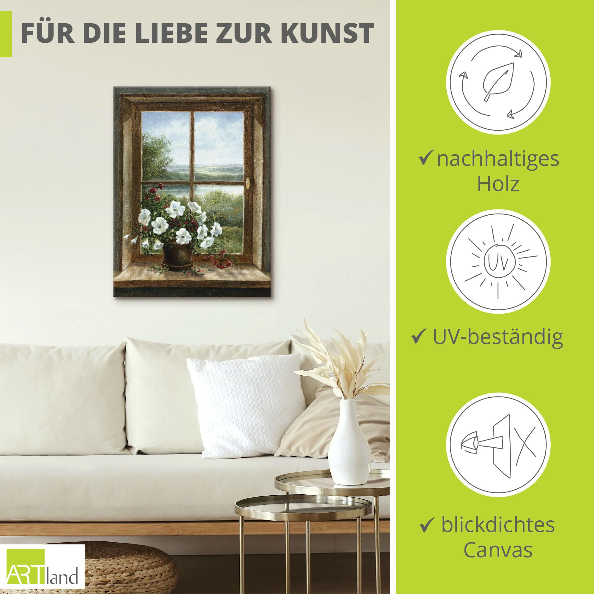 ARTLAND Wanddeko Leinwand Bilder Wandbild 60x80 cm Fensterblick Blumen Fenster Landschaft Natur Stillleben Botanik Kunst T5ZB