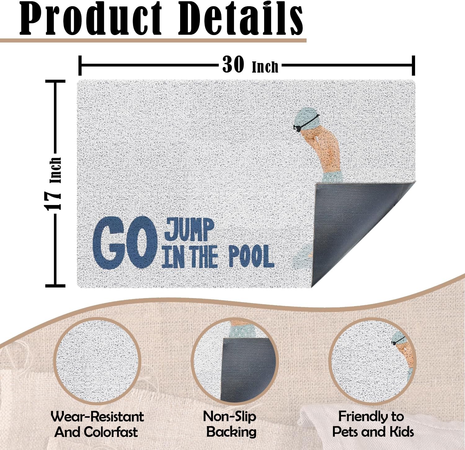 Coastal Beach Door Mat, Go Jump in The Pool Funny Blue Doormat Welcome Mats for Front Door Porch Outdoor Outside Entrance, Beach Bath Rug for Bathroom, 17x30 Inch