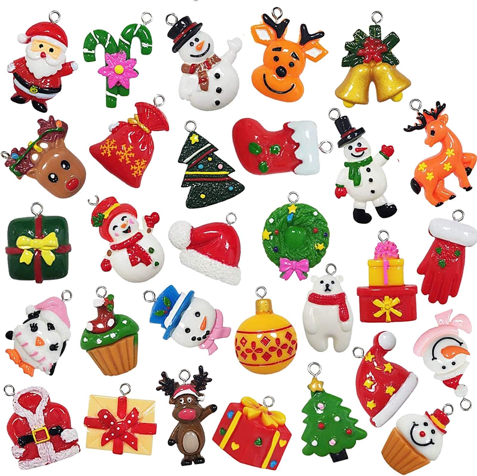 30pcs Mini Christmas Ornaments Tree Decorations, Small Christmas Tree Ornaments with Santa Claus, Snowman, Reindeer and More Resin Tiny Christmas Figurines for Holiday Christmas Hanging Decor