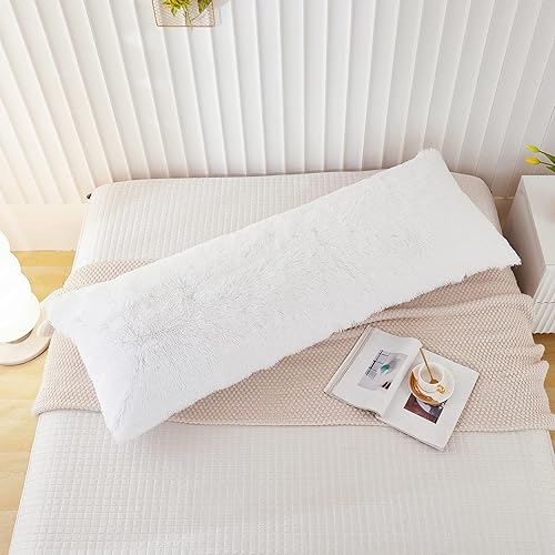 Memfydu Funda de almohada corporal esponjosa de piel sintética, funda de almohada de terciopelo lanudo de felpa blanca, 1 unidad, cierre de