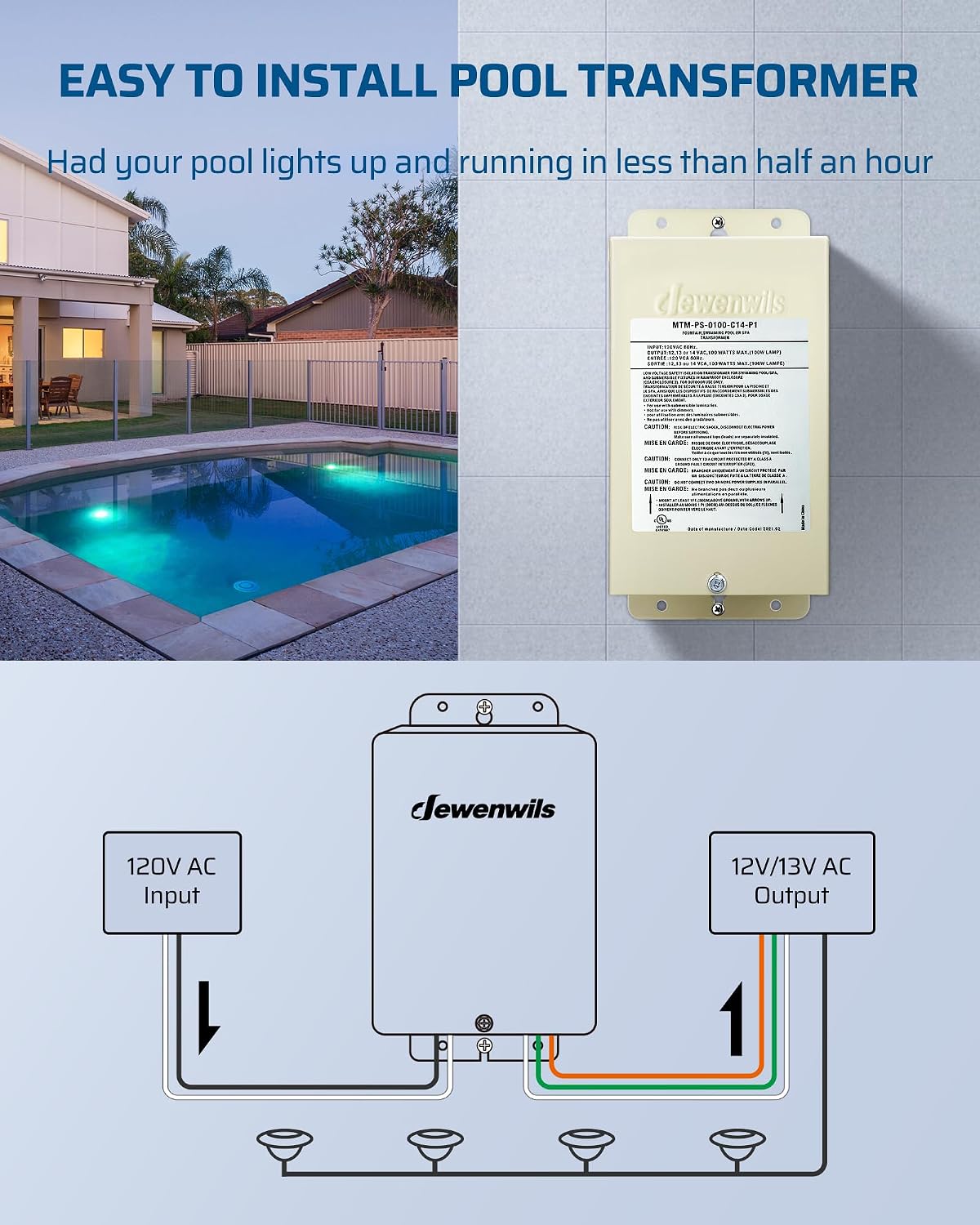 DEWENWILS 100W Low Voltage Pool Light Transformer, 120V AC to 12V/13V/14V AC, Multi-tap Safety Transformer