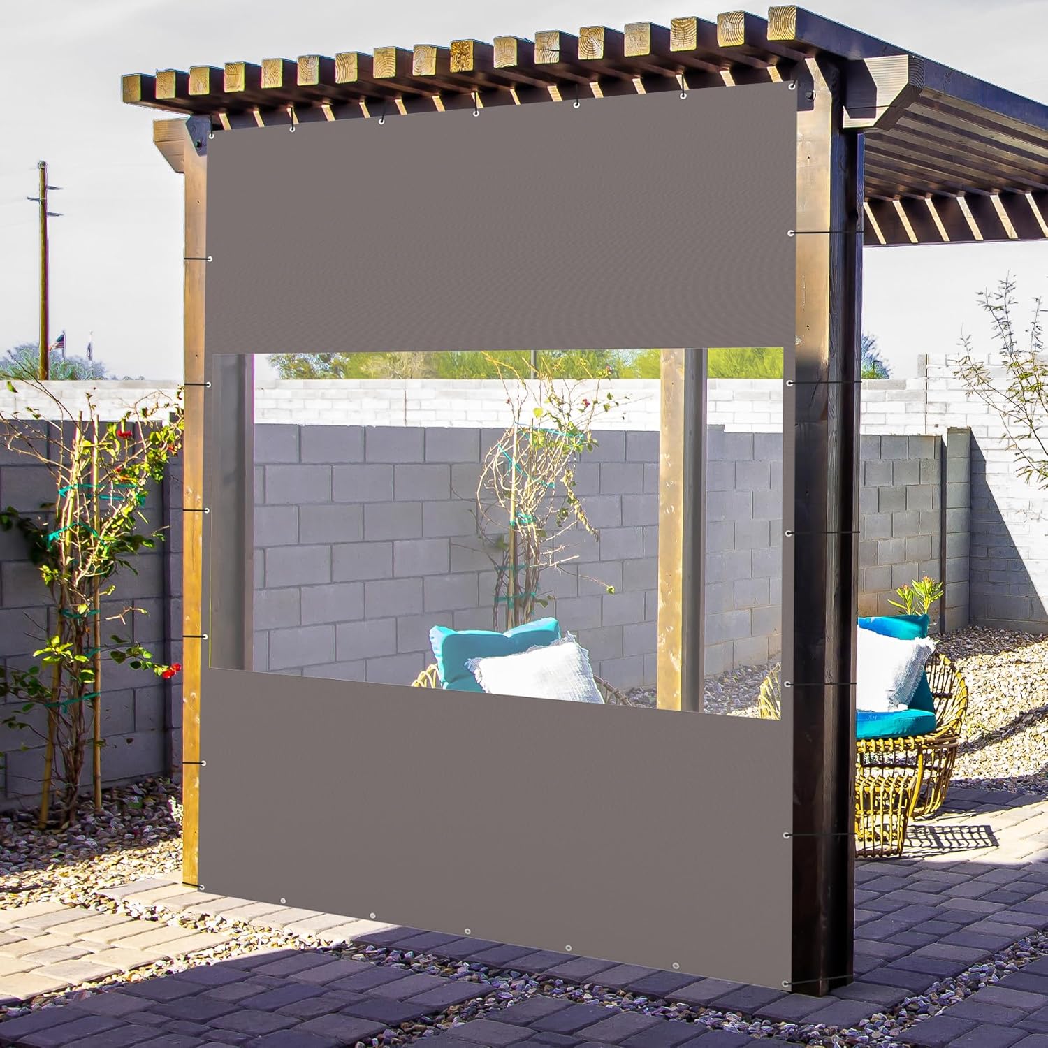 Domi Outdoor Clear Panel Curtain, 18 oz PVC Polyester Curtain Weather Resistant Enclosures for Patio, Pergola, Porch, Gazebos (7'H x 10'W, Gray)