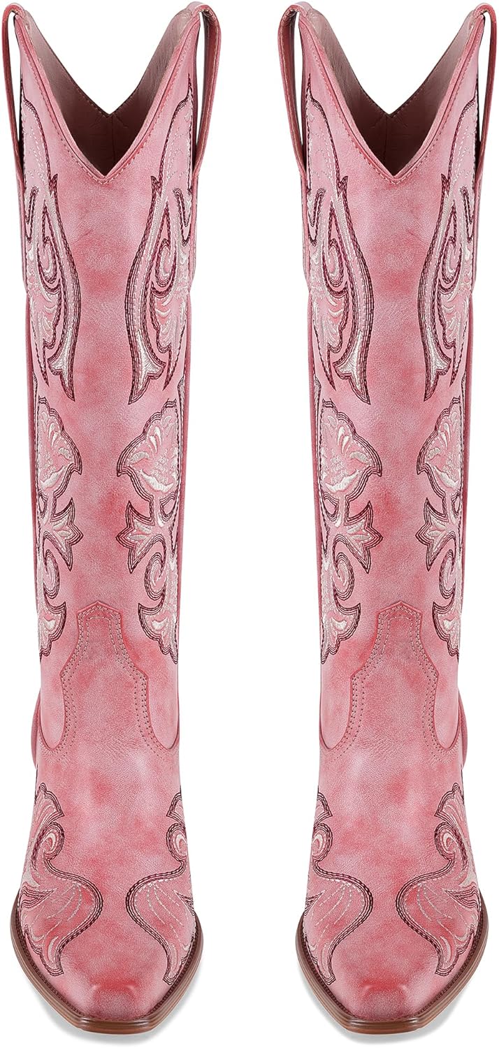 Cowboy Boots for Women Embroidered Cowgirl Boots Chunky Block Heel Pointed Toe Pull On Western Knee High Boots - Image 5