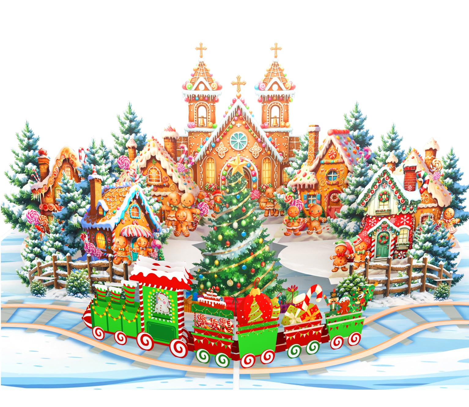 Gingerbread Town - Tarjeta desplegable de Navidad, regalo para Navidad o vacaciones