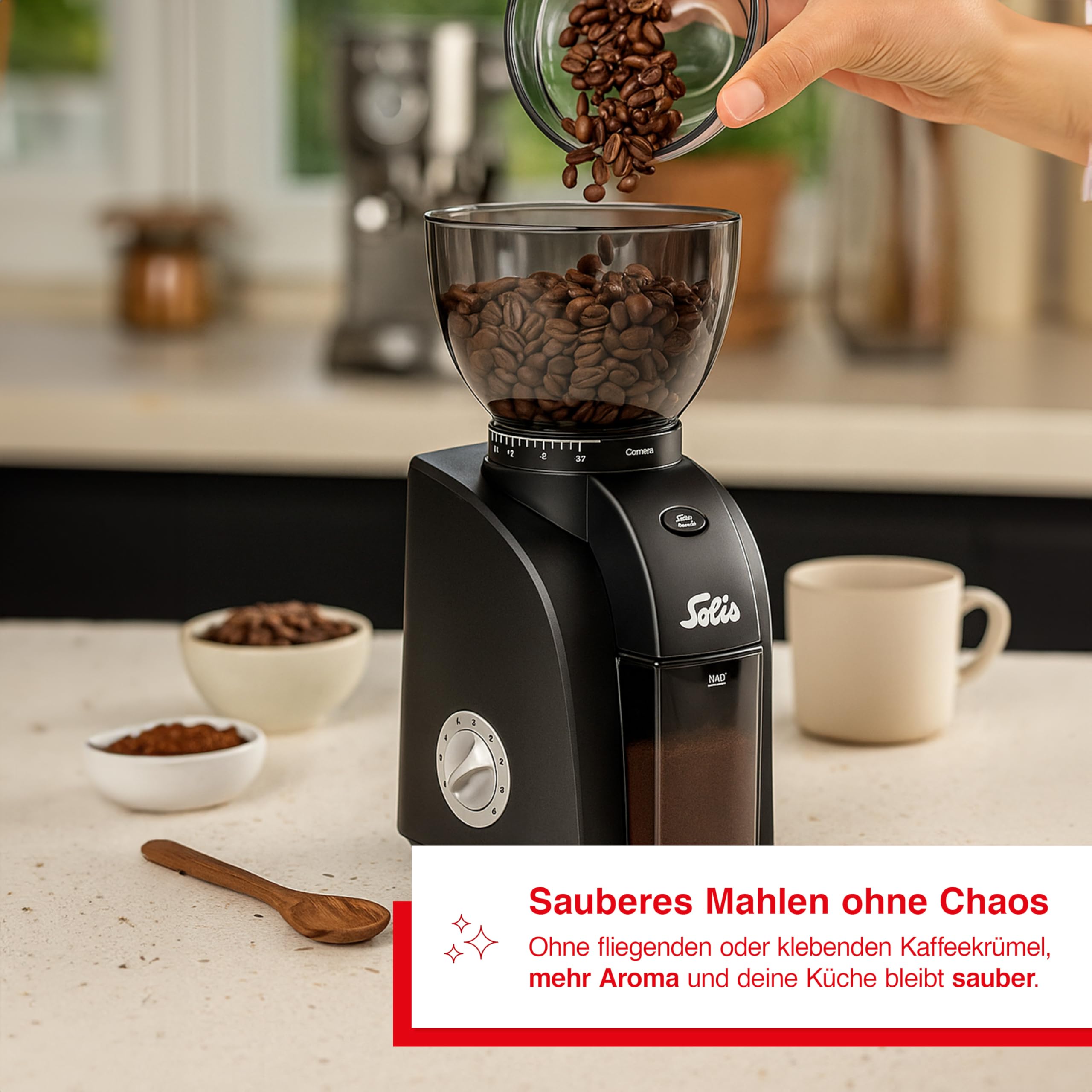 Solis Scala Zero Static 1662 Elektrische Kaffeemühle - Coffee Grinder - Espressomühle mit 24 Mahlgradeinstellungen - Schutz Gegen Statischen Kaffee - Kaffeebohnenbehälter 300 Gramm - Schwarz