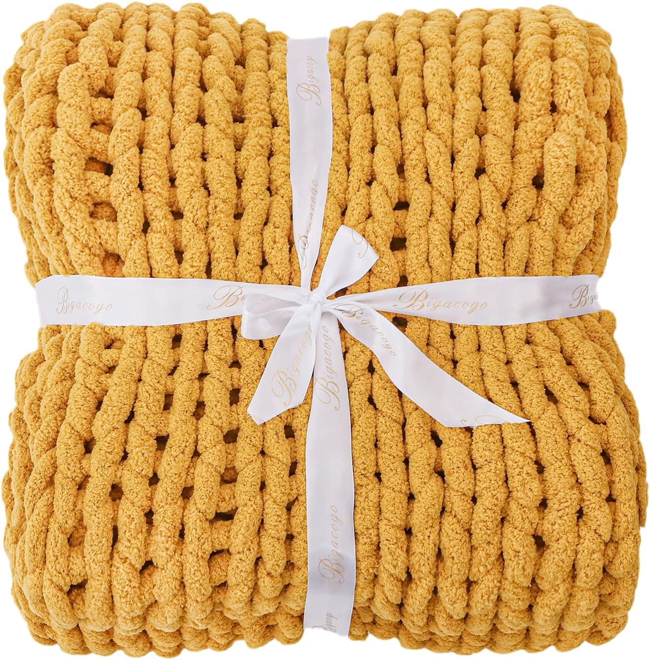 Bigacogo Chunky Knit Throw Blanket for Couch, 51x63 inches, 100% Hand Knitted with Thick Jumbo Chenille Yarn, Cozy Soft Large Rope Knot Cable Crochet Blankets for Sofa Bed Living Room, Mustard Yellow - Image 7