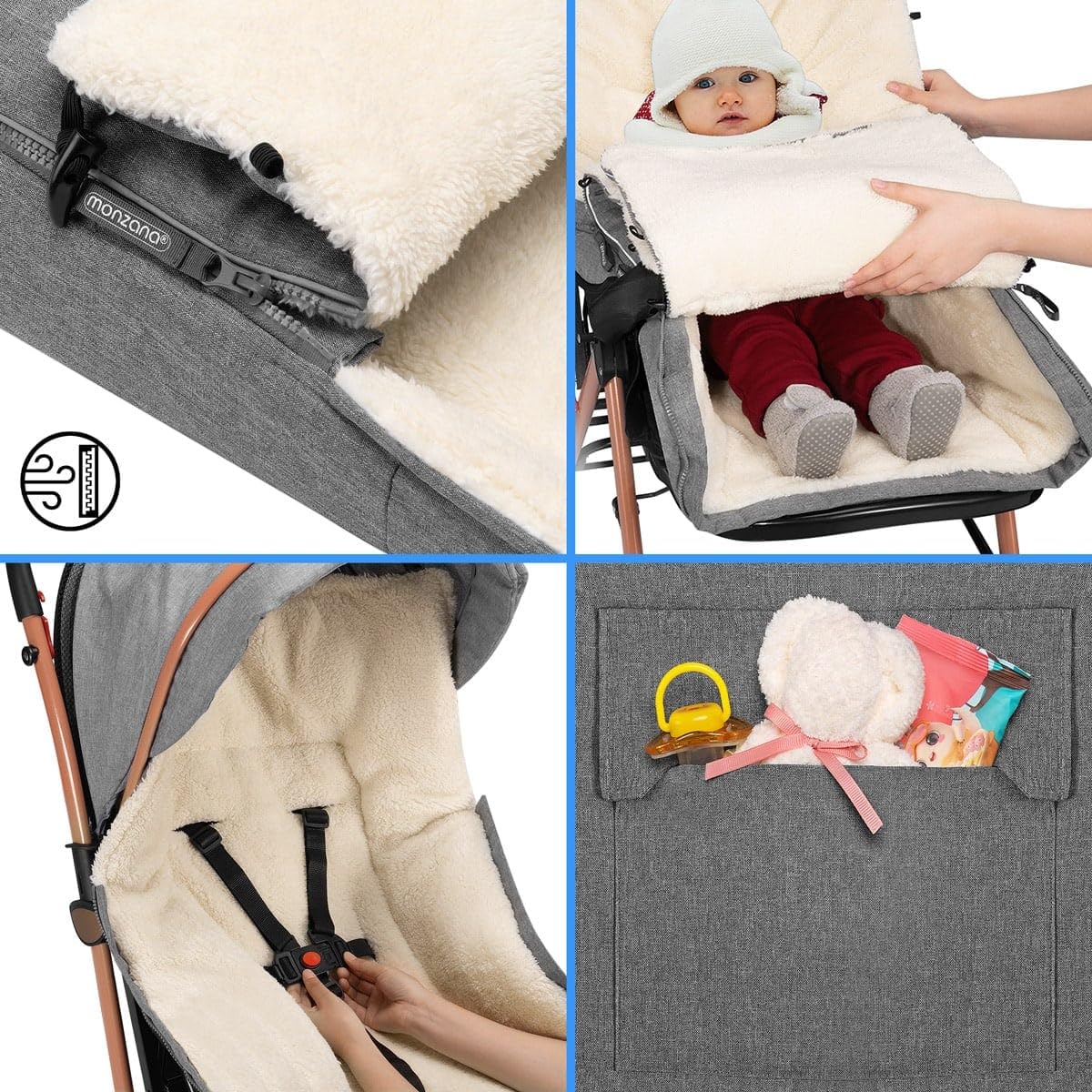 MONZANA® Fußsack für Kinderwagen Baby Winter mit Handwärmer Reflektoren Reißverschluss Buggy Waschbar Babyschale Schlafsack Kuschelig Dunkelgrün