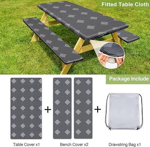 Miniatura 100 de Play Tailor - Mantel para mesa de pícnic con cubiertas para bancas, impermeable y a prueba de viento con bolsa de cordón, ajustable a mesas y bancas