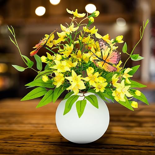 Miniatura 5 de Ramo de fresia artificial en jarrón de cerámica marfil, arreglos florales de seda y mariposas para decoración de centro de mesa (Freesia)