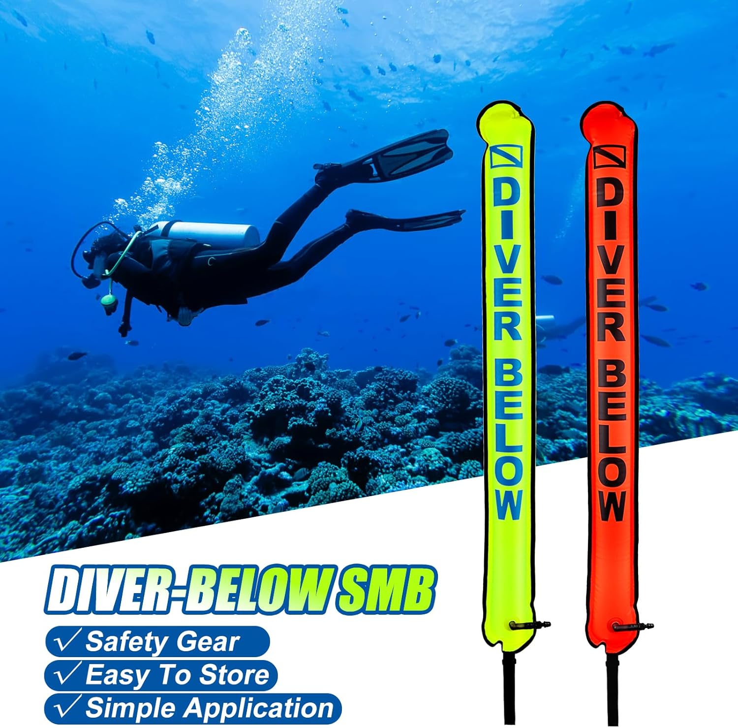 Surface Marker Buoy, Scuba Diving Surface Marker Signal Tube with Reflective Strip and Plastic Clip