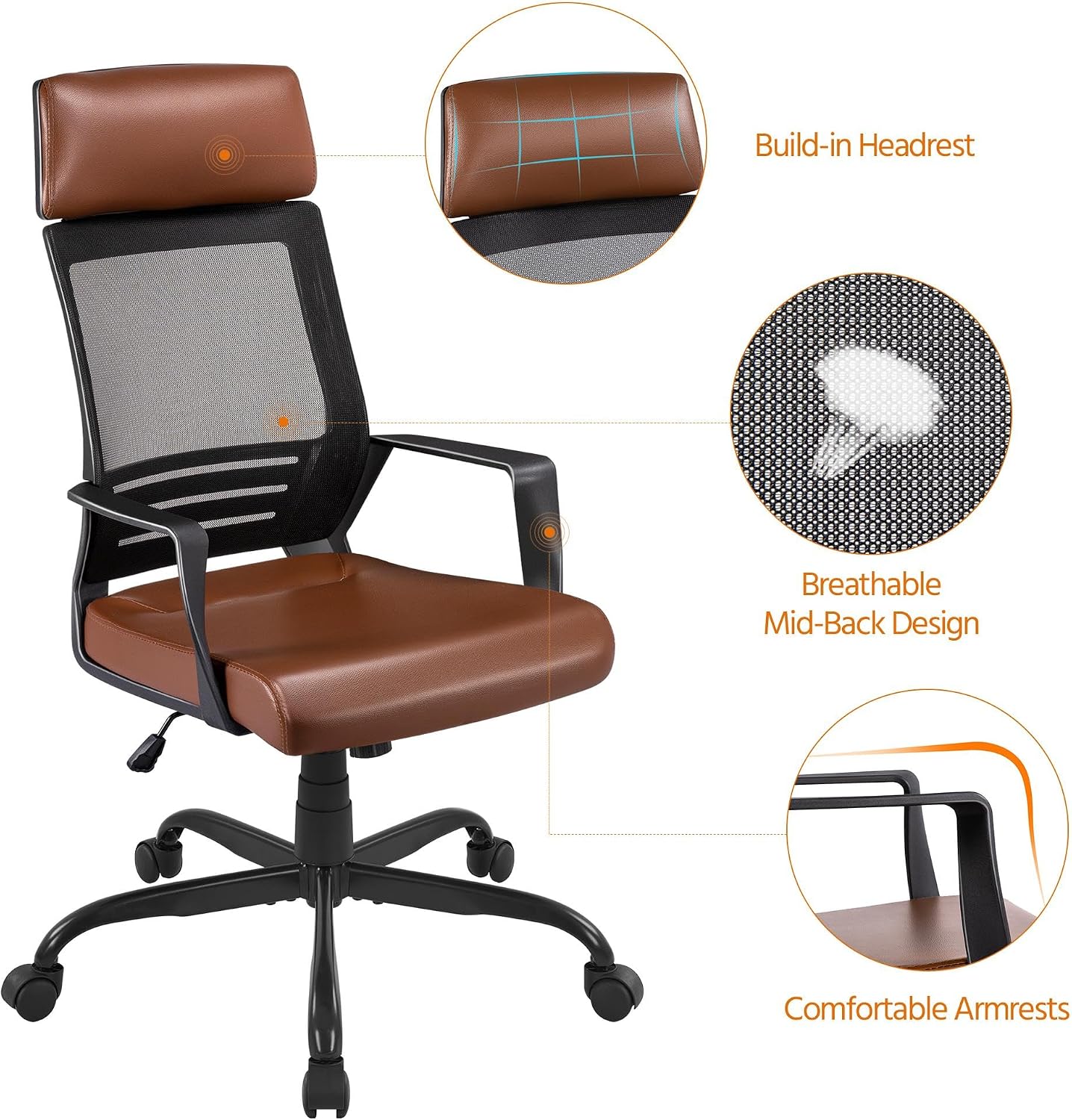 Yaheetech Executive Office Chair, Ergonomic High Back Leather/Mesh Desk Chair with Headrest and Lumbar Support, Swivel Chairs on Wheels/Castors for Home Office, Brown