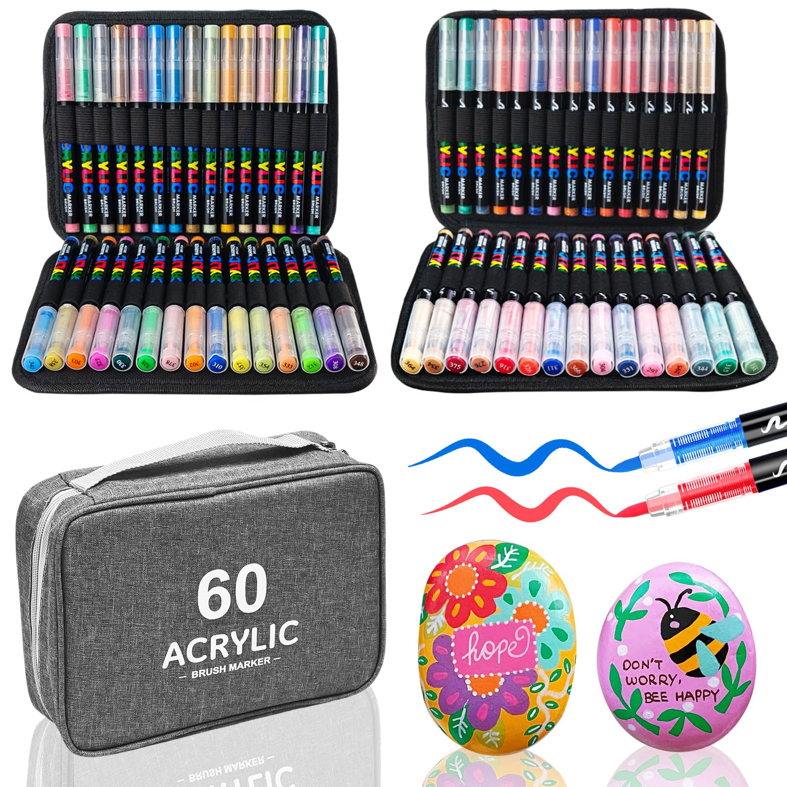 60 Colours Acrylic Markers, Acrylic Markers Brush Tip, Acrylic Markers for Colouring, Acrylic Markers for Painting, Rock, Glass, Ceramic, Plastic, Fabric Metal, Glass, Wood