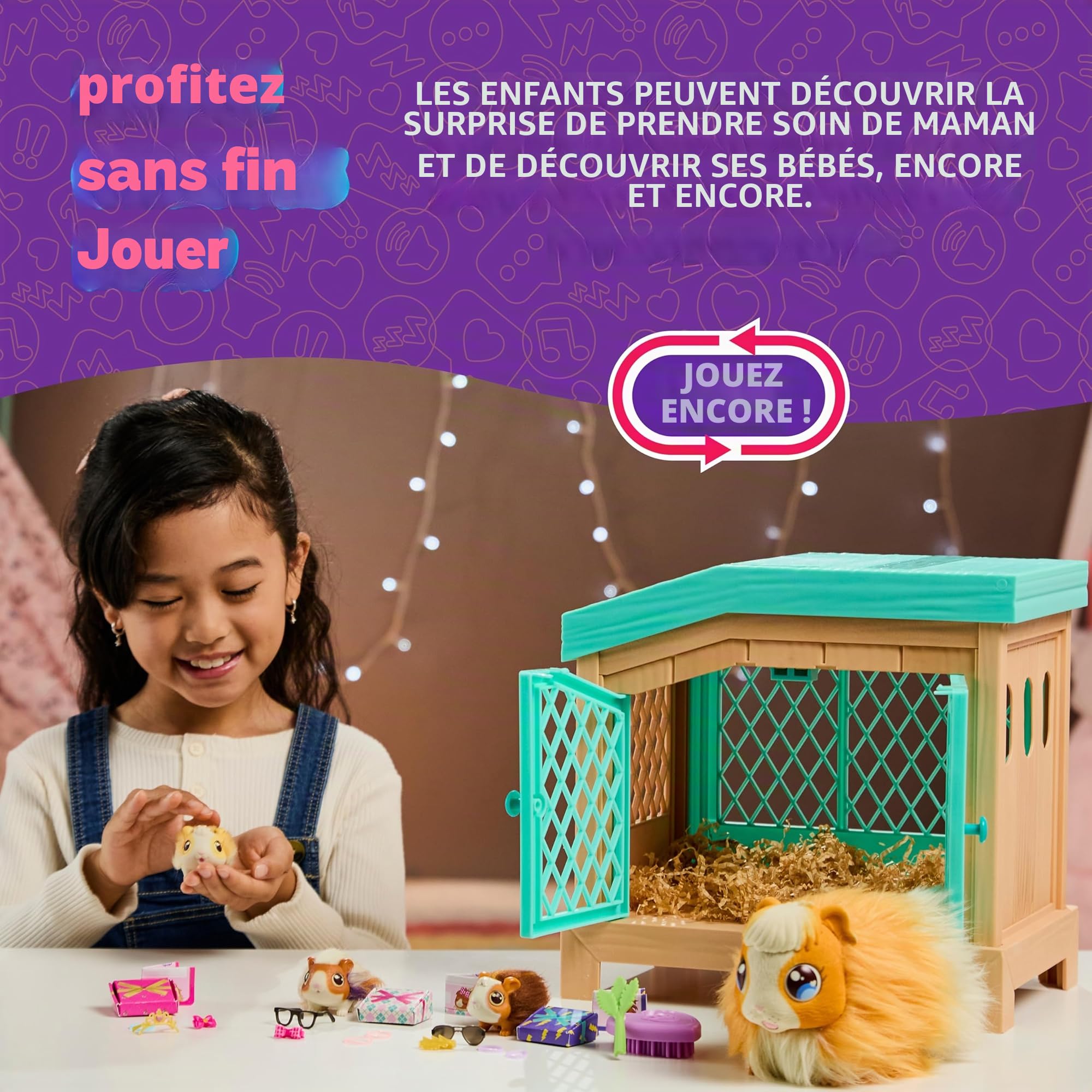LLP Little Live Pets Mama Surprise Maman Cochon d’Inde Interactive Pelage Doux avec Clapier et 3 Bébés Surprises Sons et Réactions