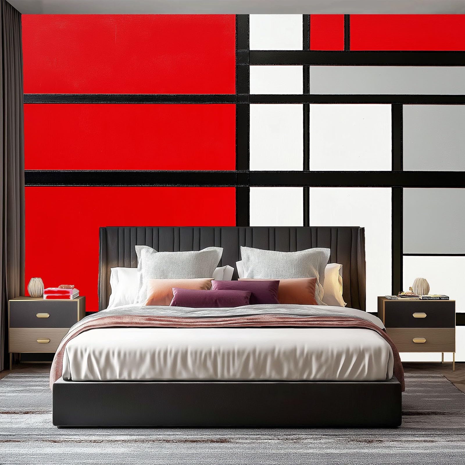 Samoprzylepna tapeta panoramiczna z włókniny, 250 x 175 cm, gigantyczny plakat ścienny w czerwono-białych abstrakcyjnych blokach, druk 3D, dekoracja ścienna do salonu, pokoju dziecięcego