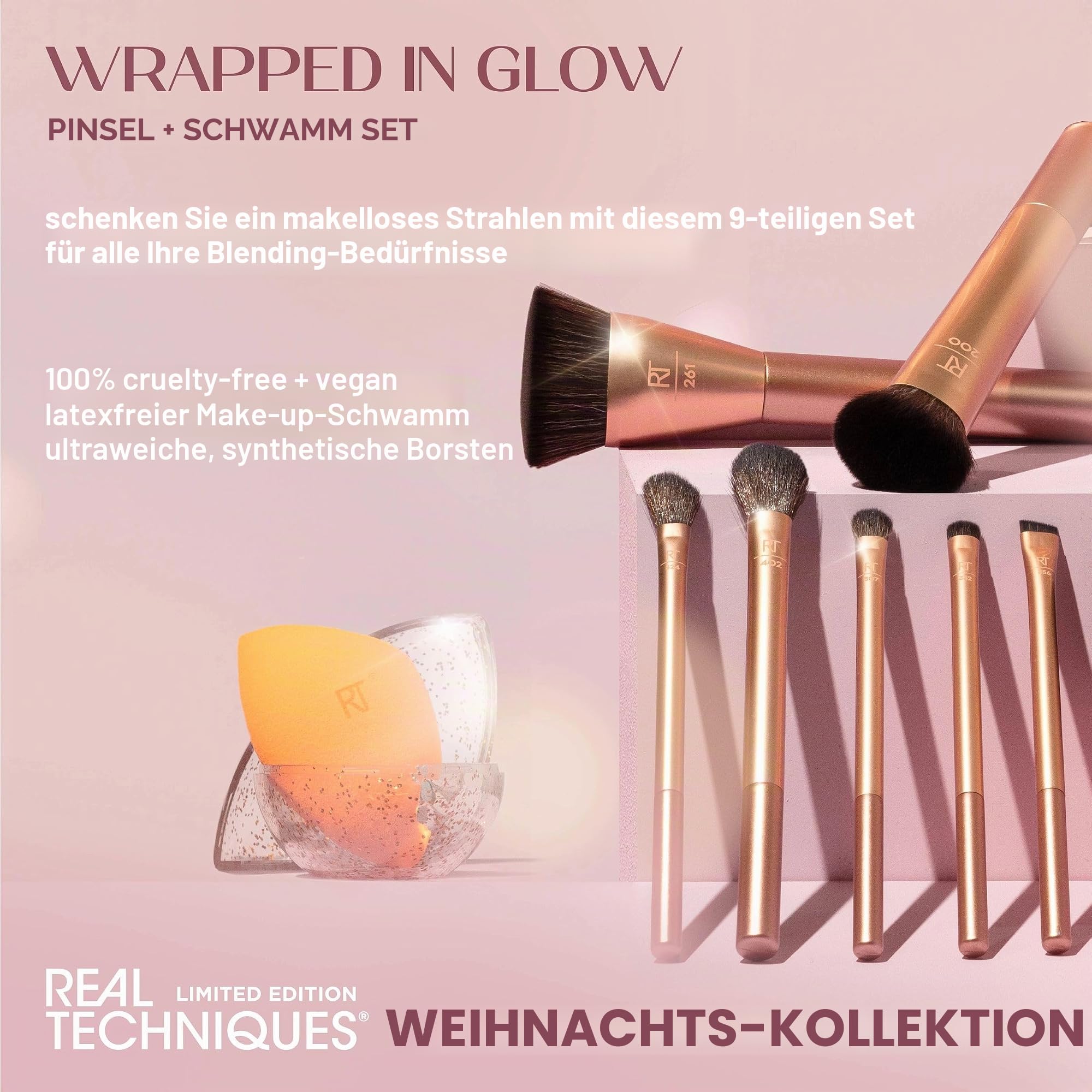 Real Techniques Wrapped In Glow Brush + Sponge Kit, 9 Piece Limited Edition Gift Set