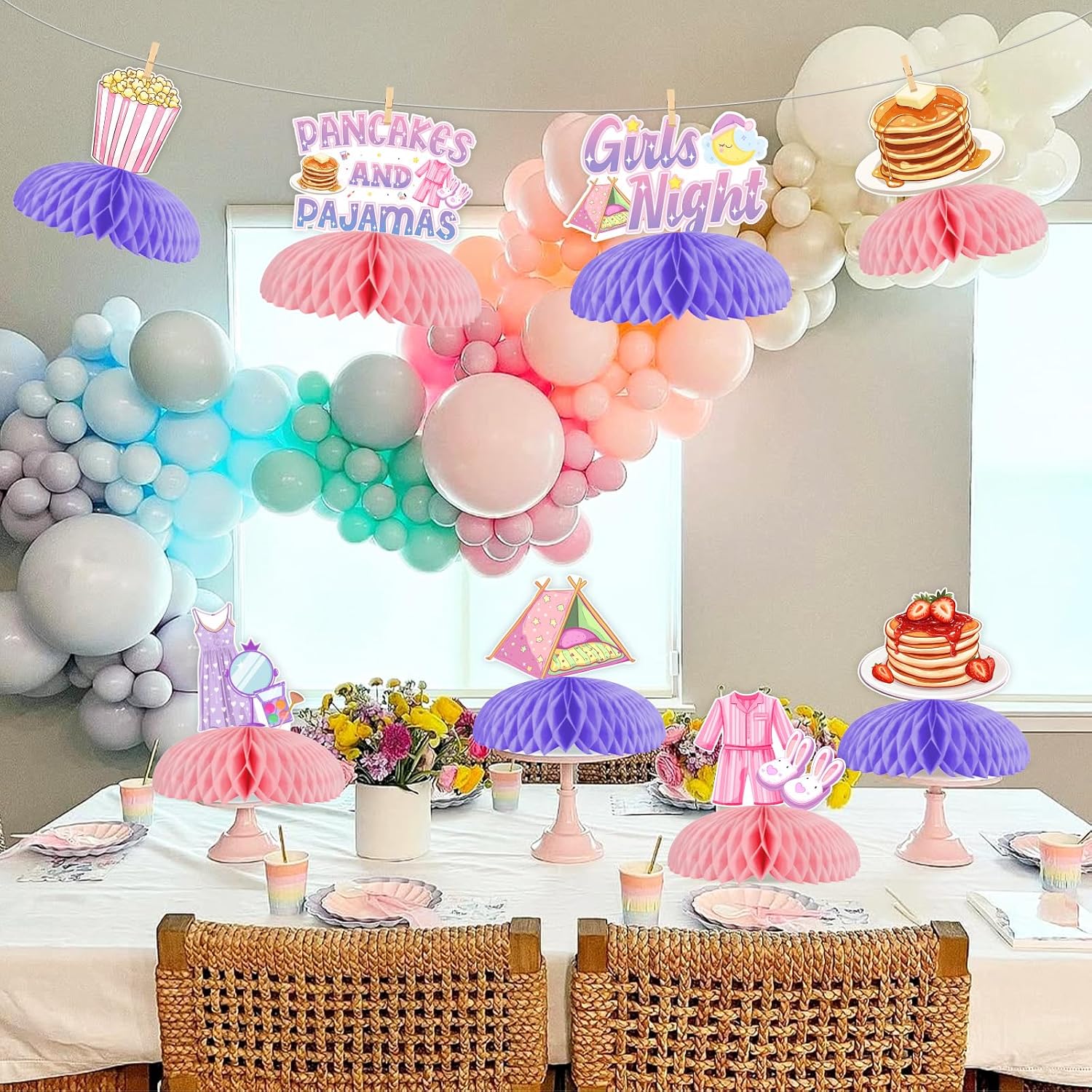 8 Pieces Pancakes and Pajamas Honeycomb Centerpieces, Sleepover Party Decorations for Teen Girls, Double Sided Pajamas Theme Table Toppers for Birthday Baby Shower Slumber Party Supplies