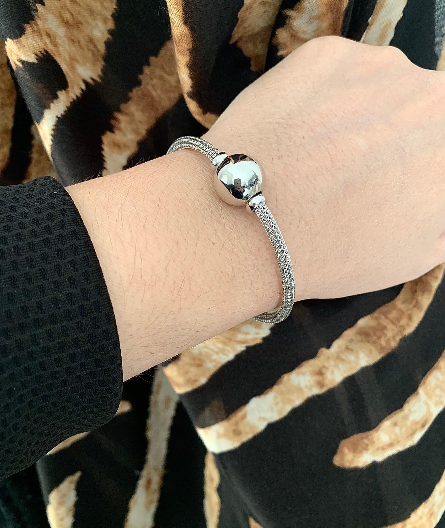 Bracciale a maglia palma con sfera in argento 925 rodiato - CPL, Taglia unica, Argento sterling Metallo Argento