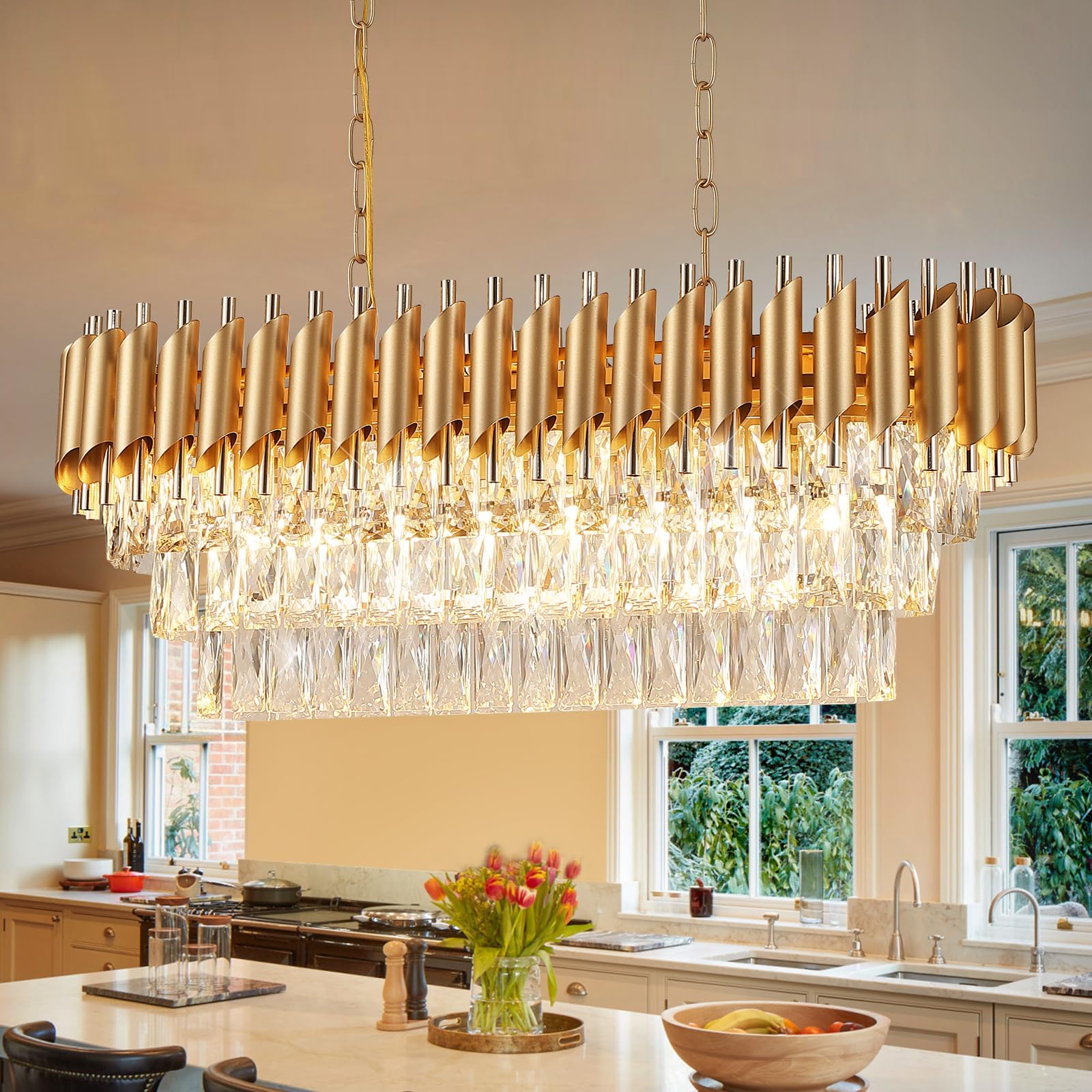 A AXILIXI Modern Rectangular Chandelier Gold Crystal Chandeliers for Dining Room 8-Light Linear Ceiling Pendant Light Long 32” Luxury Oval Chandelier