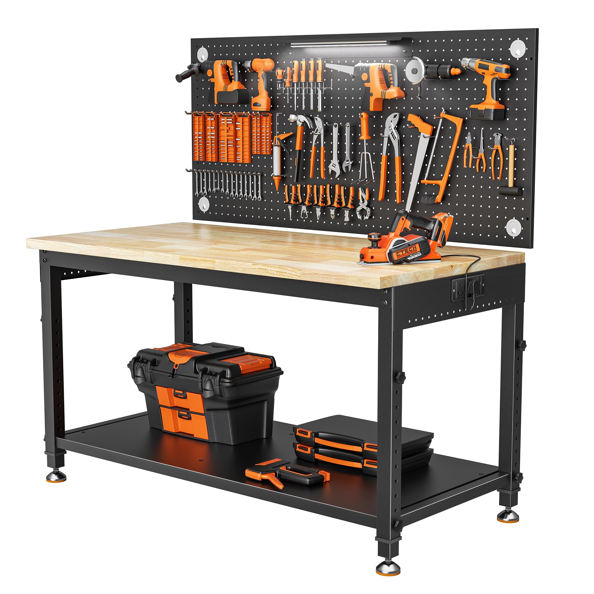 Établi Atelier Garage avec Table de Travail 122 x 60 cm | Charge de 907 kg, Plateau en Bois de Caoutchouc, 10 Hauteurs Réglables, Panneau Perforé avec Éclairage LED