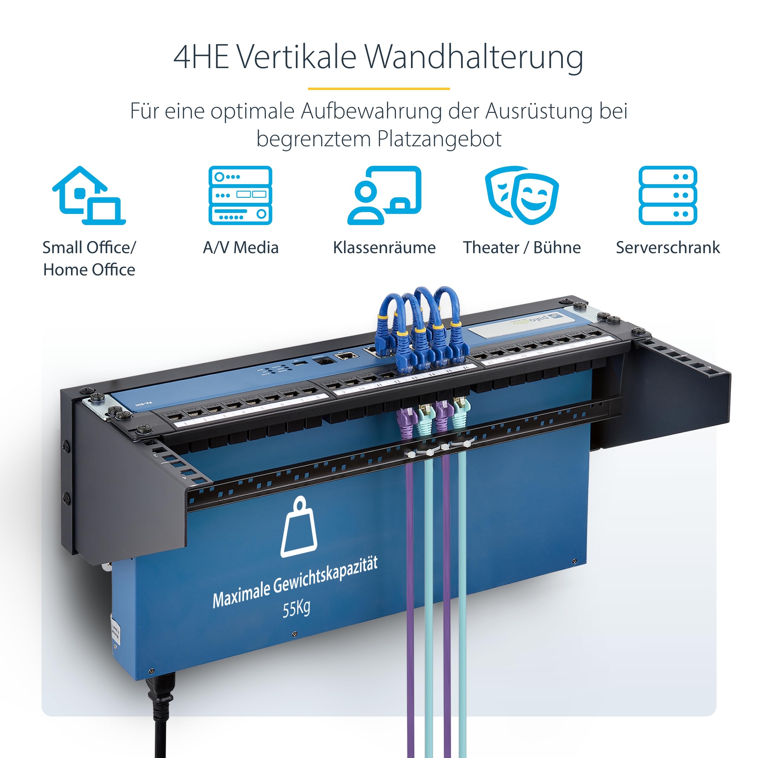 StarTech 4HE Vertikale Wandhalterung, 19 Zoll, 55kg (RK419WALLV-N) | Rack-Geräte, Patchpanels, Server, NAS, Audio Video Equipment, EIA-310, Stahl, Universal