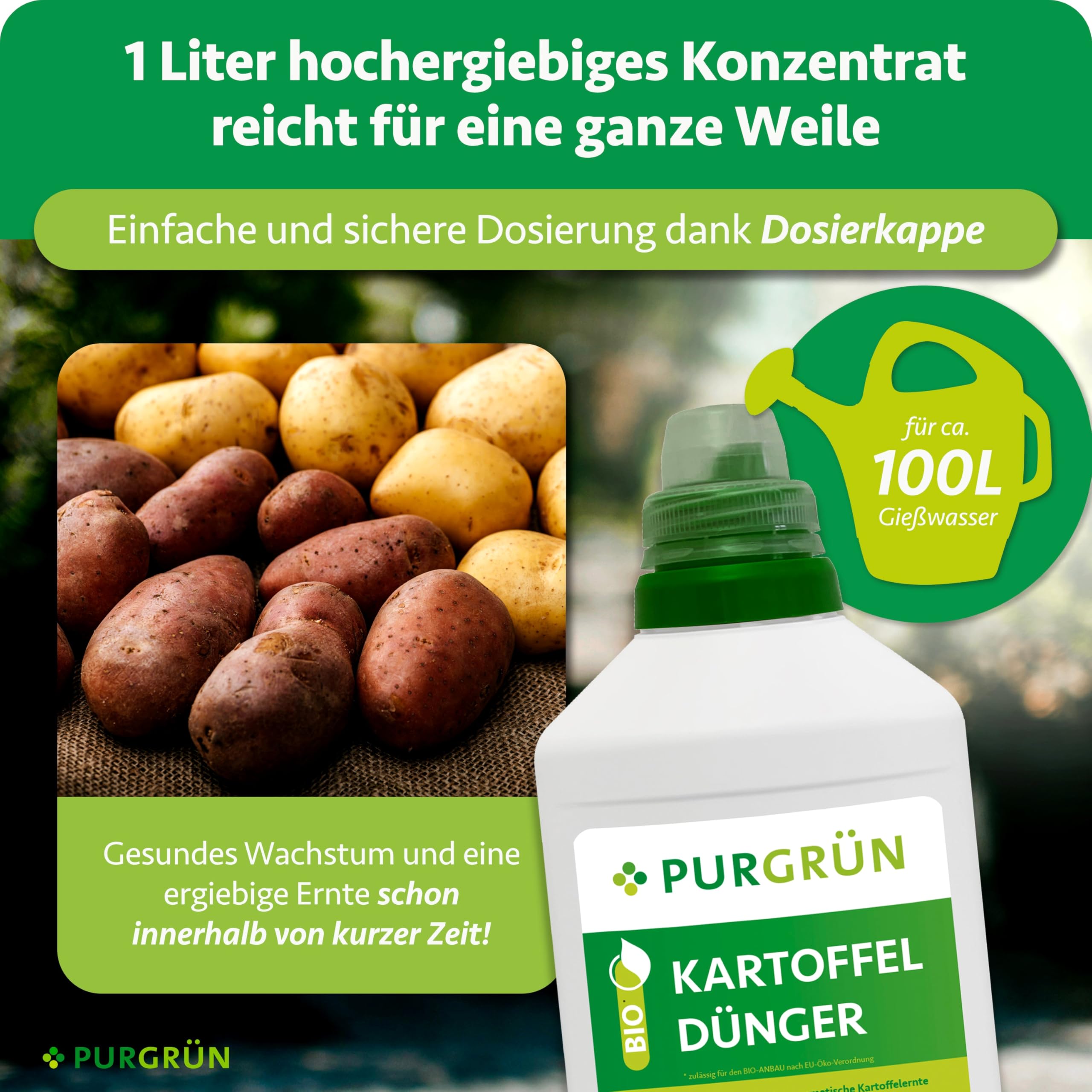 Bio-Kartoffeldünger 1 Liter – Hoher Ertrag dank extra Phosphor – Verbesserte Widerstandskraft dank extra Kalium – Bio & Vegan – Premium-Flüssigdünger – Konzentrat für 100 Liter Wasser