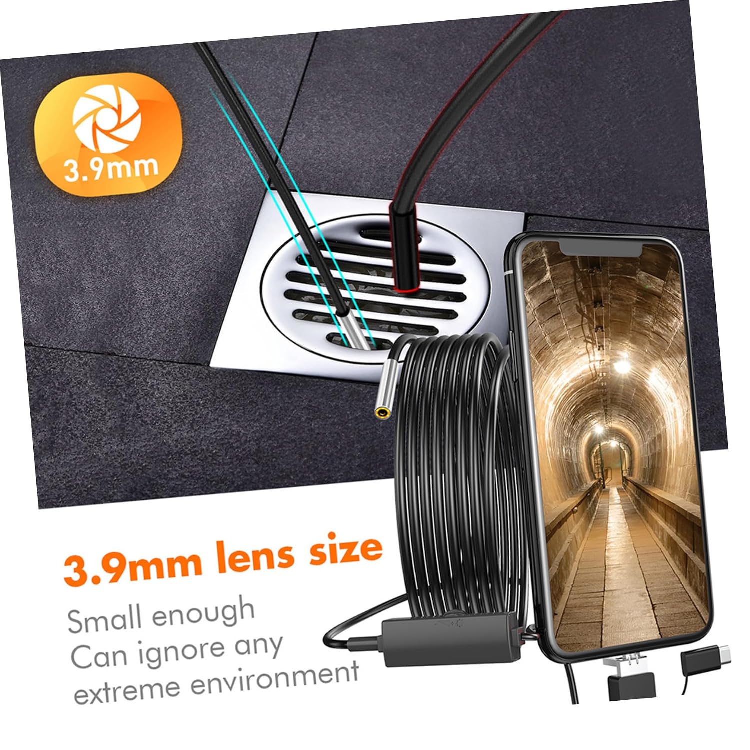 Borescope Inspection Camera Lens for Phones and Led Light Photo Video Recording for Reach Areas