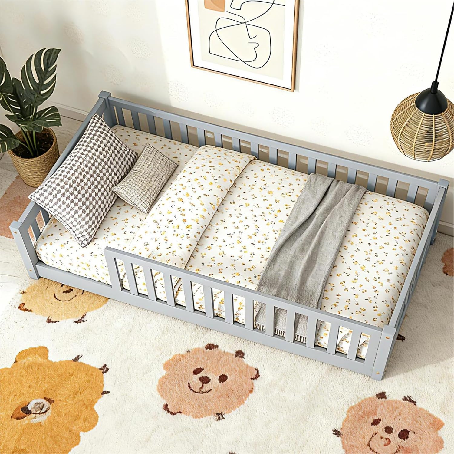 Bellemave Twin Floor Bed with Fence for Kids, Wooden Montessori Floor Bed Frame with Slats & Safety Guardrails, Low Twin Size Floor Beds for Girls Boys, No Box Spring Needed, Grey