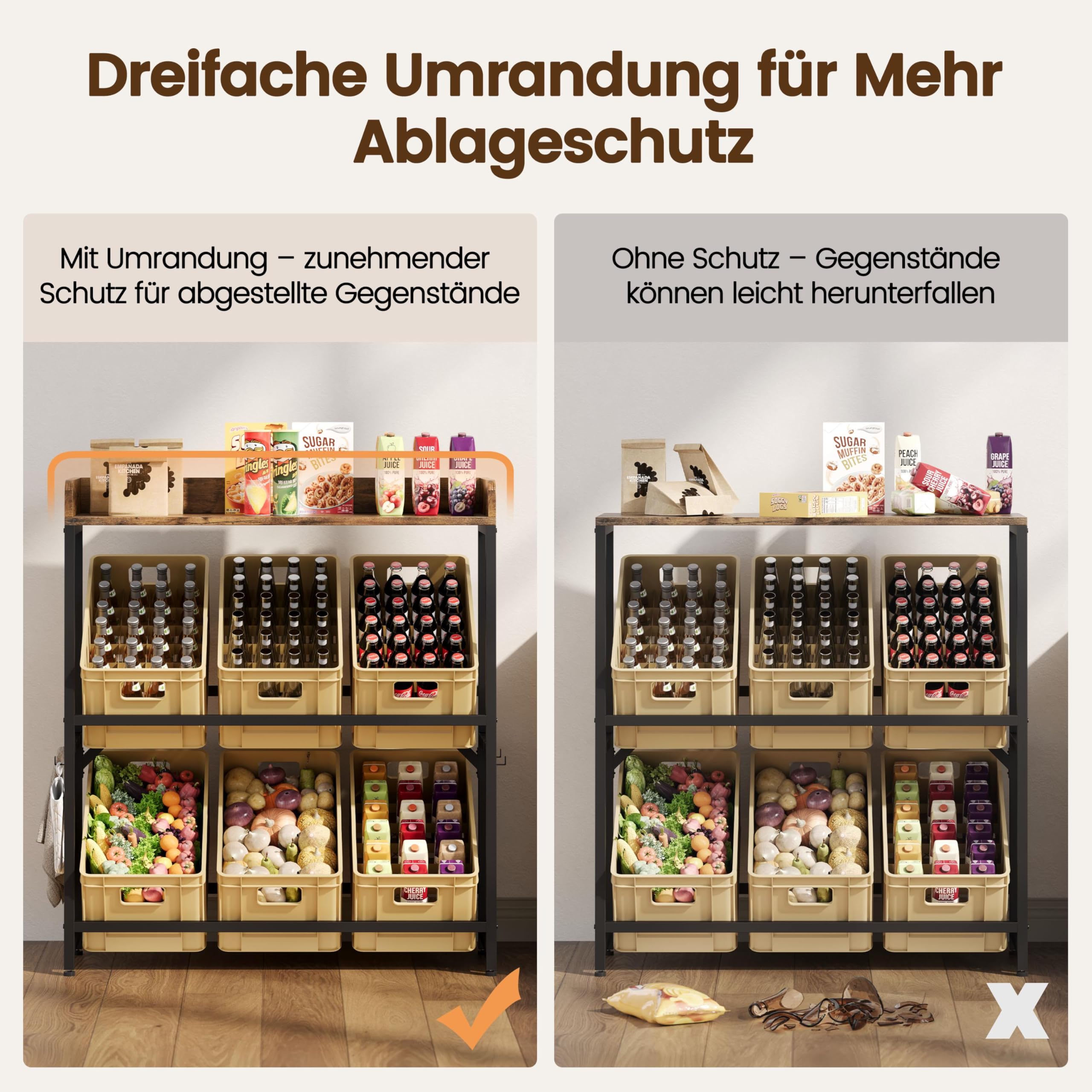 Yaheetech 3-Stufiges Bierkistenregal mit Ablageplatte&4 Seitlichen,Braun | Rustikal-Braun,Landhaus,6 Kisten Kapazität, für Wohnzimmer/Küche/Esszimmer/Garage,Kistenregal,Landhaus-&Industrial-Design