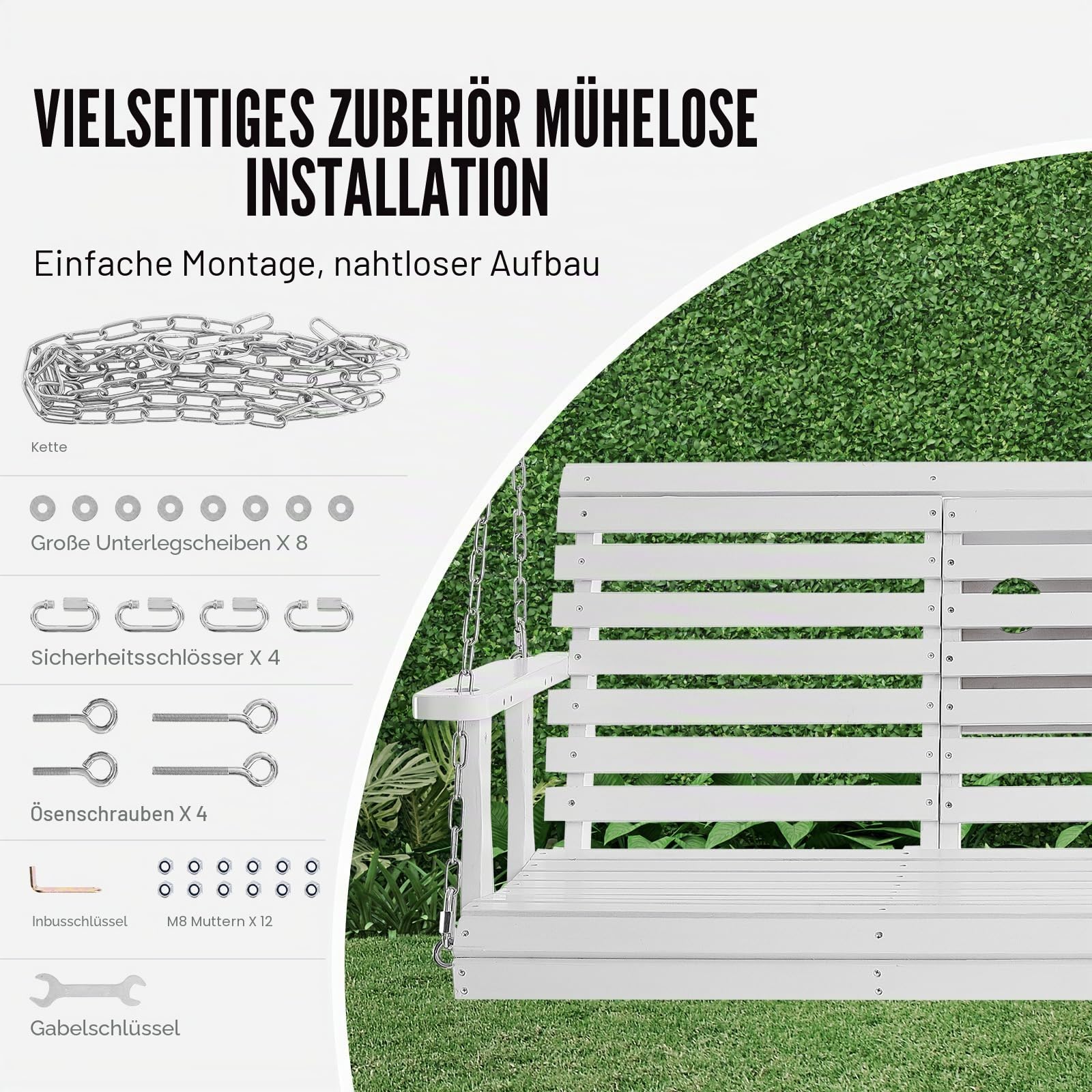 VEVOR Hollywoodschaukel Zedernholz, 1523x710x600mm, Terrassenschaukel für Hof und Garten, verbesserte Tragkraft von ca. 400 kg, robuste Schaukelstuhlbank mit Aufhängeketten für den Außenbereich, weiß