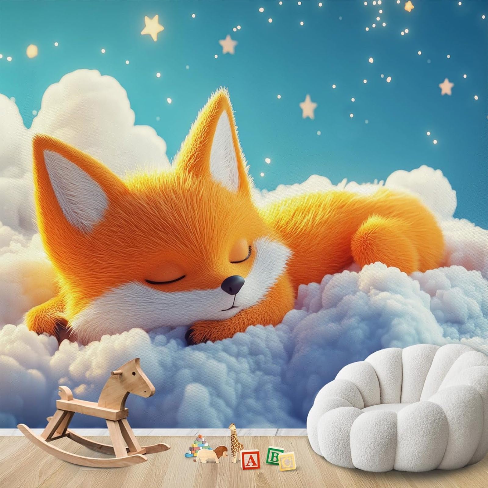 Fototapeta 3D z lisem kawaii, fototapeta do pokoju dziecięcego, 150 cm x 105 cm, urocze zwierzątka, włóknina, pomarańczowo-niebieska, naklejka ścienna