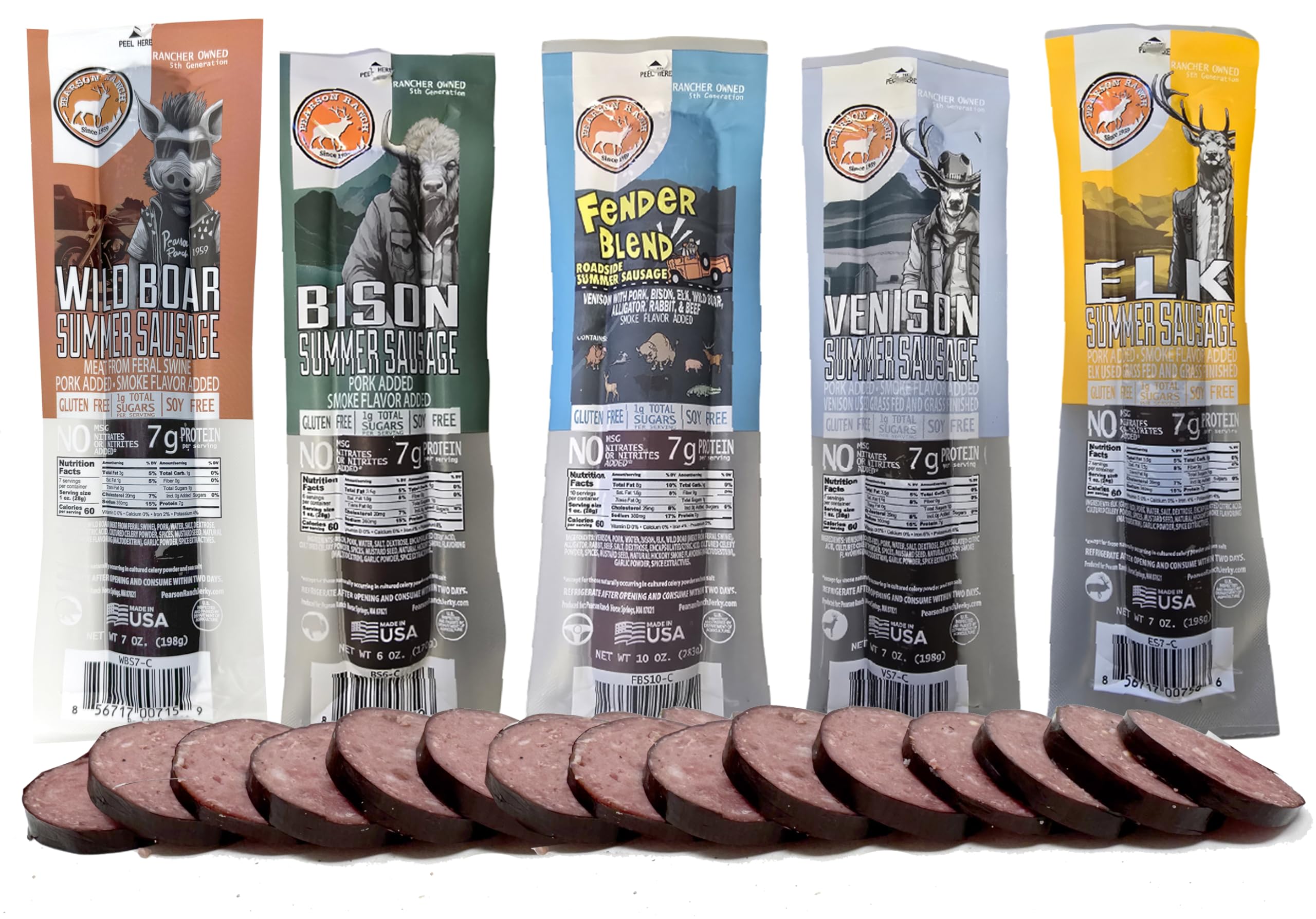 PEARSON RANCH Wild Game Sausage Sampler - Elk, Bison, Venison, Wild Boar, & Fender Blend (Rabbit, Alligator, Venison, Elk, Bison) Exotic Meat, Summer Sausage Gift