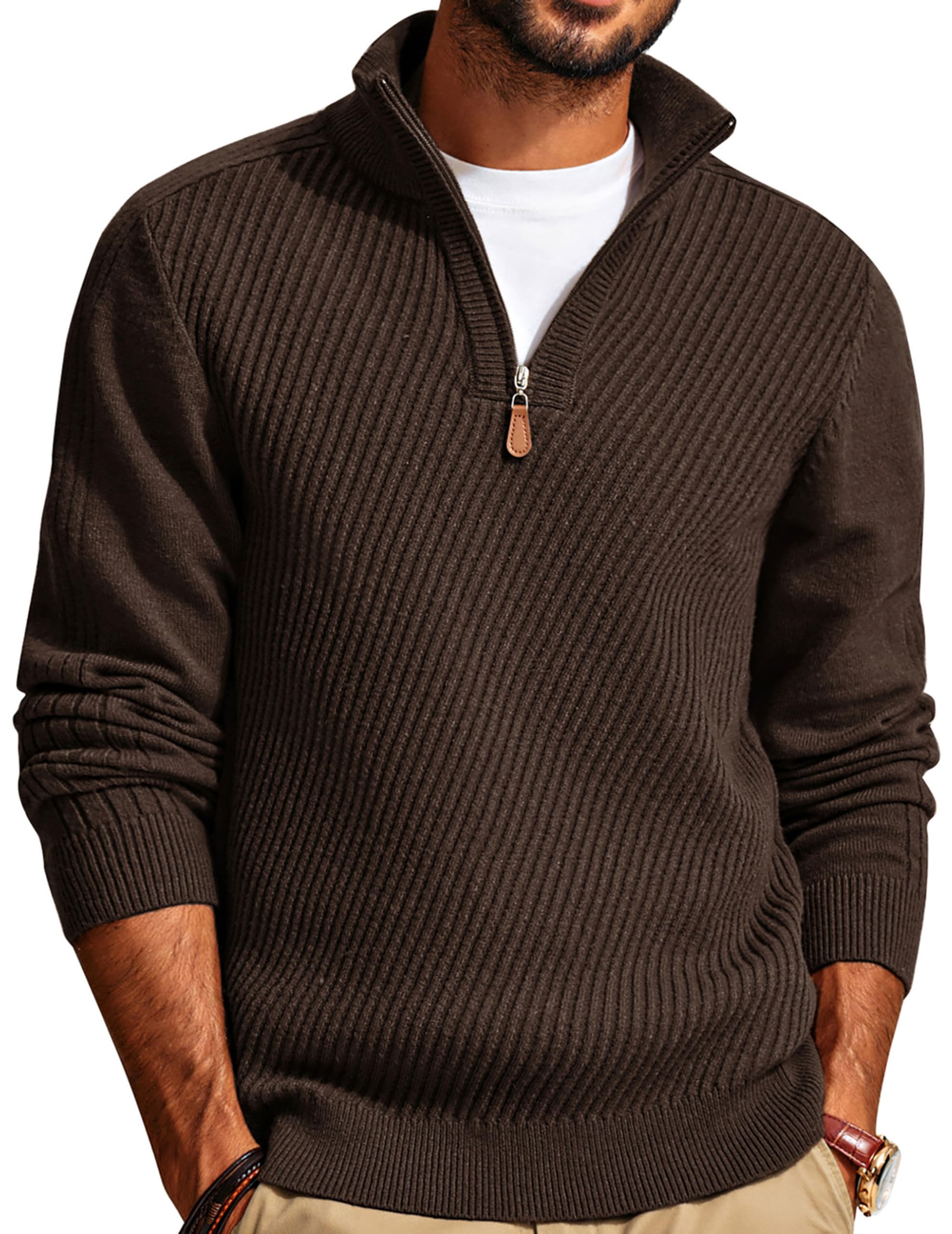 PJ PAUL JONES Maglione da uomo a collo alto, a 1/4 zip, a maniche lunghe, con scollo a tessere