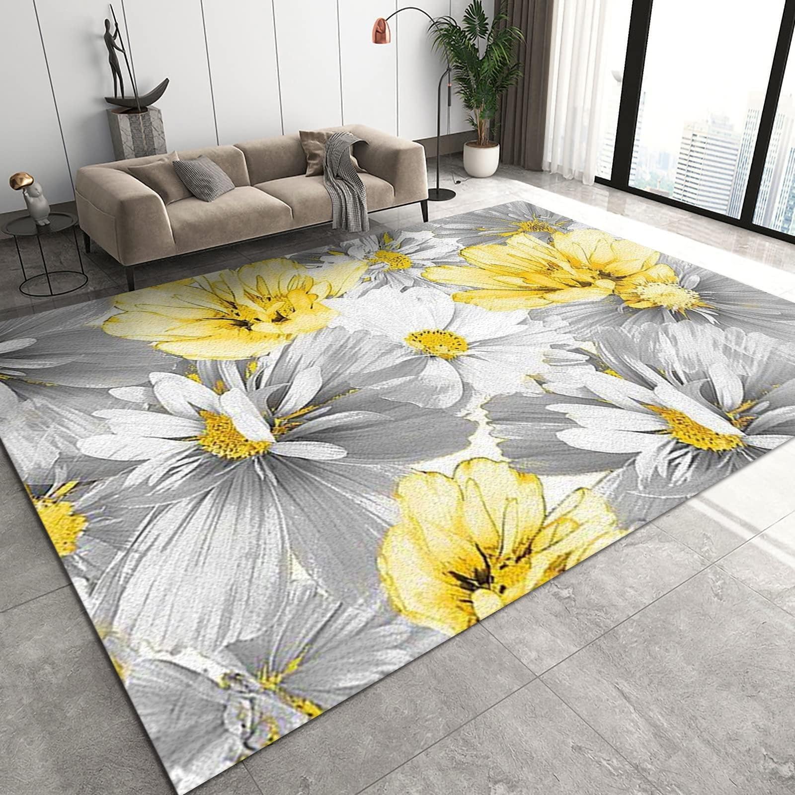 White and Yellow Flowers Area Rug, Grey Floral Print Living Room Rugs, Indoor Non-Slip Kids Rugs, Machine Washable Breathable Durable Carpet for