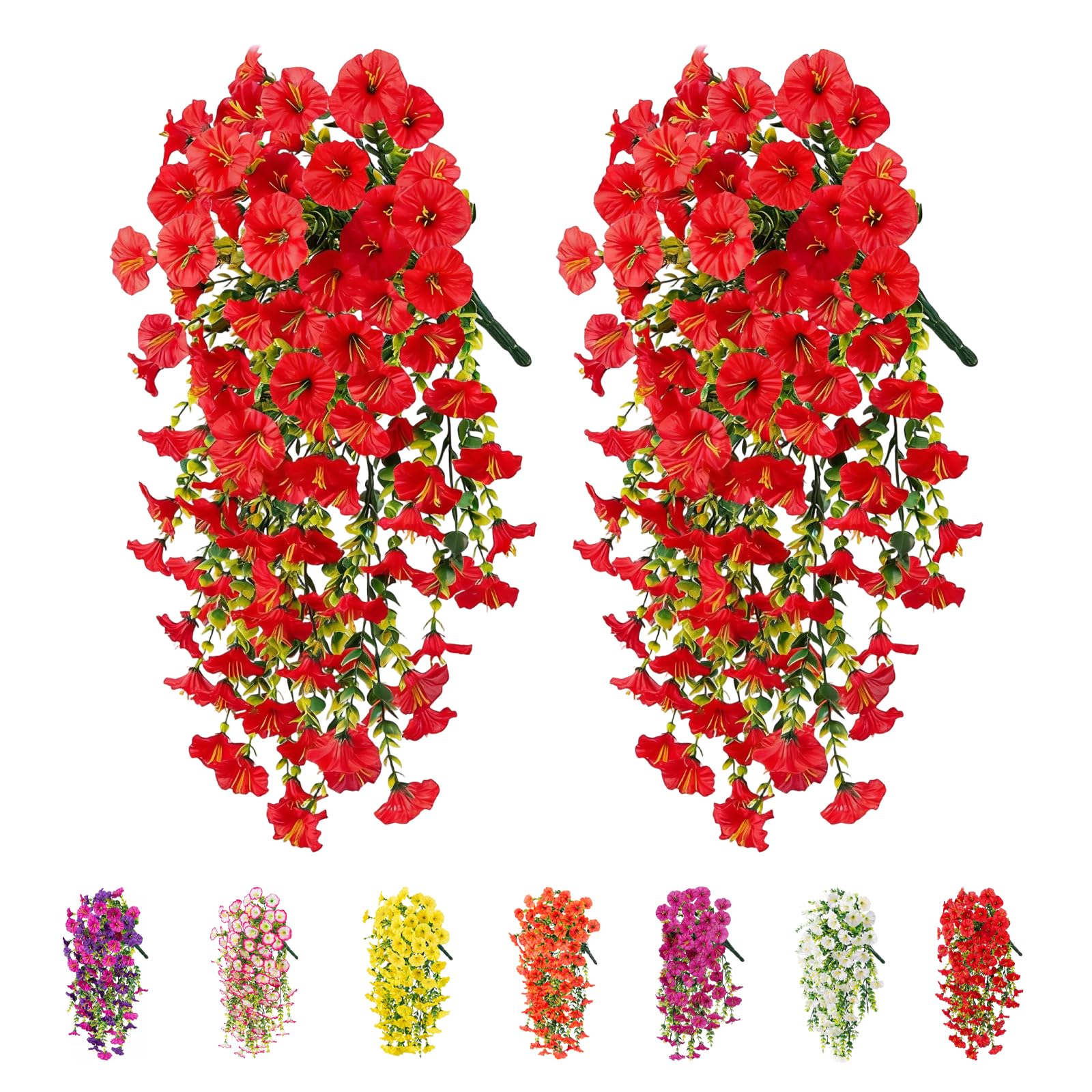 2Pcs Artificial Hanging Flowers Outdoor, Fake Trailing Plants Morning Glory Decoration UV-Resistant for Hanging Baskets - Spring Decor Garden Porch Wedding , Drooping Design for Pots & Patio (Red)