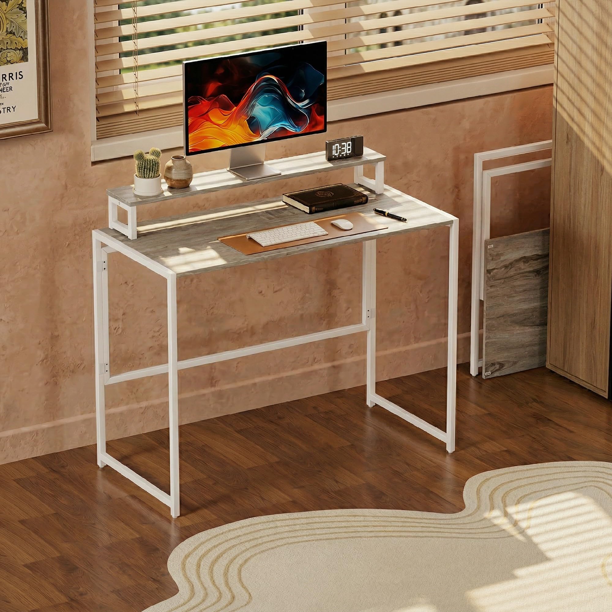 HOMCOM Scrivania Salvaspazio Pieghevole con Stand Monitor Rimovibile, Scrivania Piccola Portatile 100x48x87.5 cm Tavolo Computer Richiudibile per Casa Studio Ufficio, Color Legno