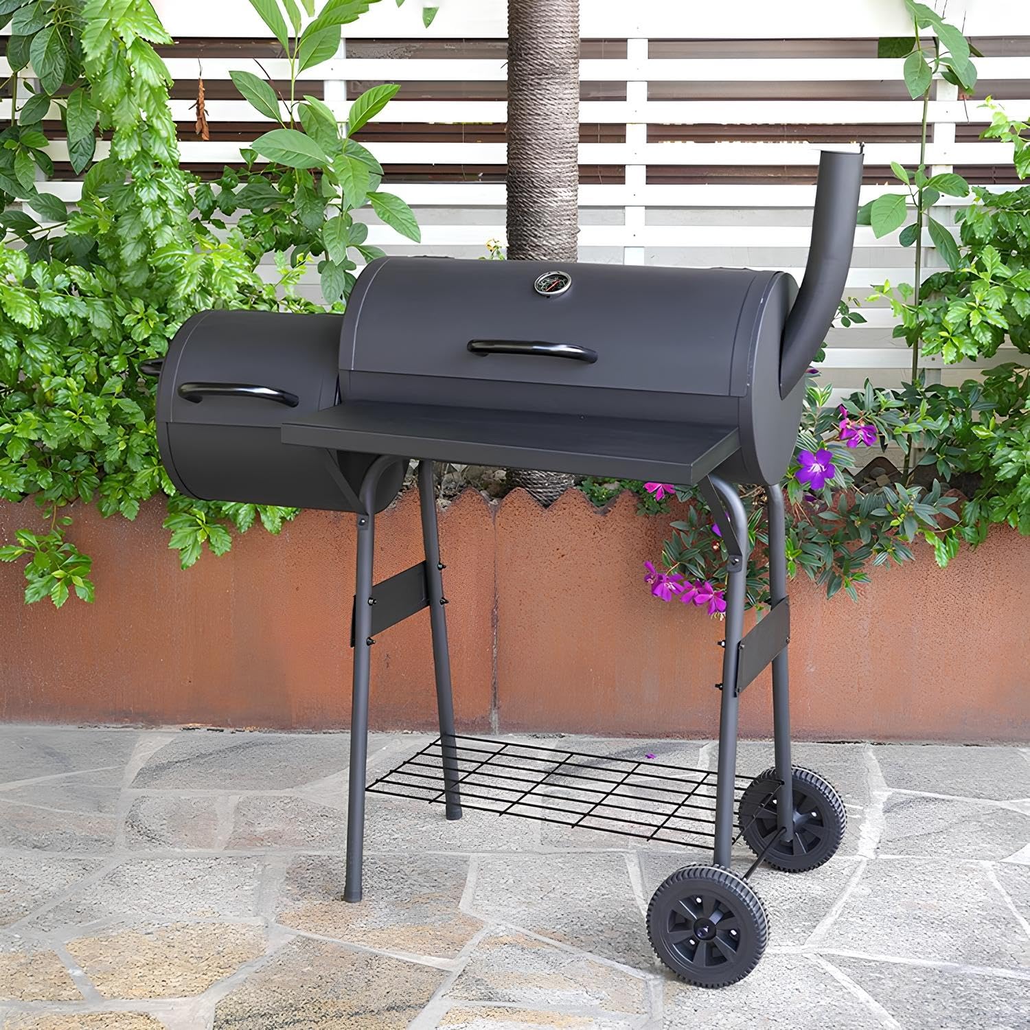 Barbecue A Carbone con Carrello, Barbecue A Carbonella con Tavolo Anteriore Pieghevole, BBQ Smoker Griglia Grande con Termometro Dotato di Due Aree di Cottura E Ripiano Inferiore