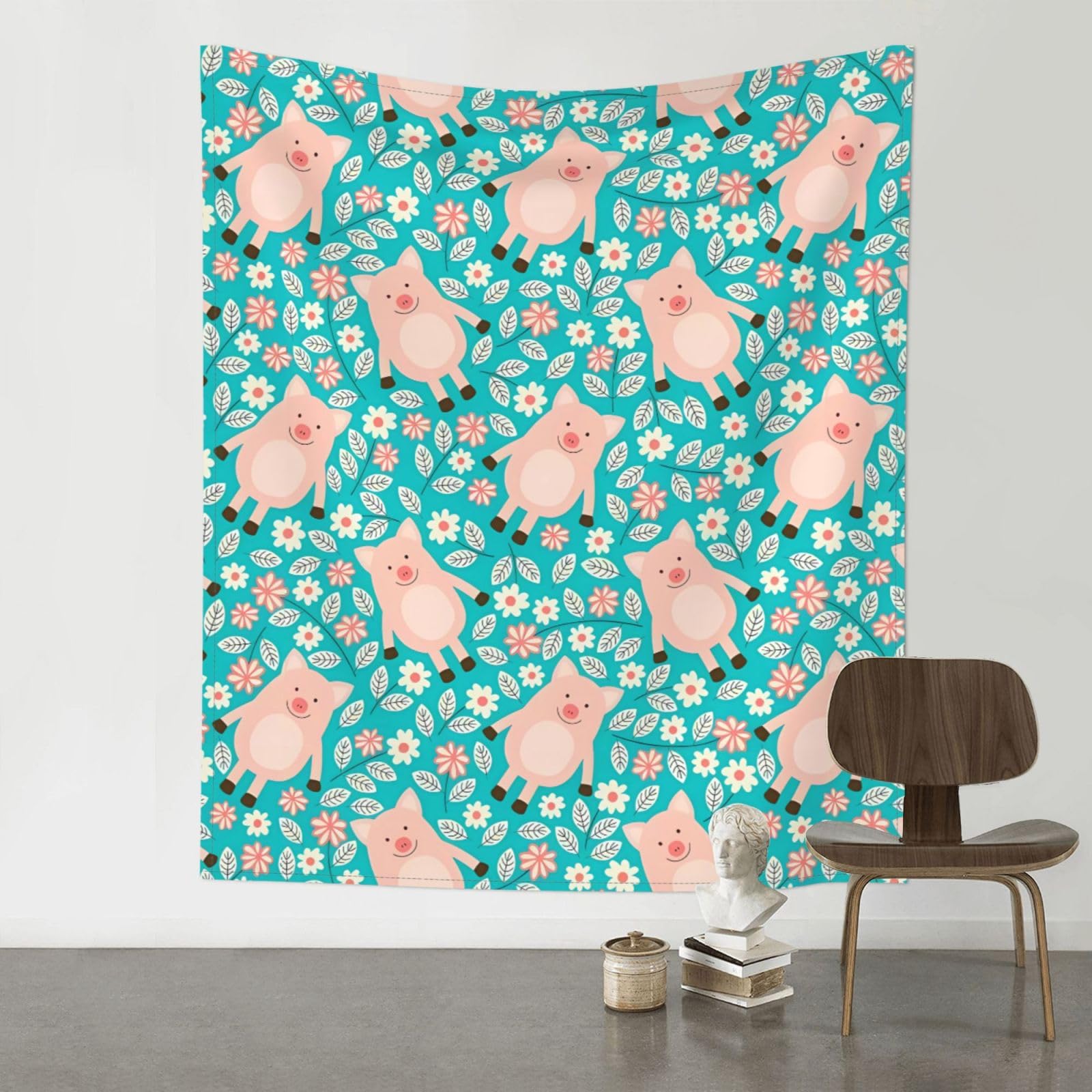 WHJSHOP Flower Cute Pig Pattern Prints 60x51in Wall Tapestry Boho Throw – Durable Polyester Home Decor Dorm Room Beach Blanket