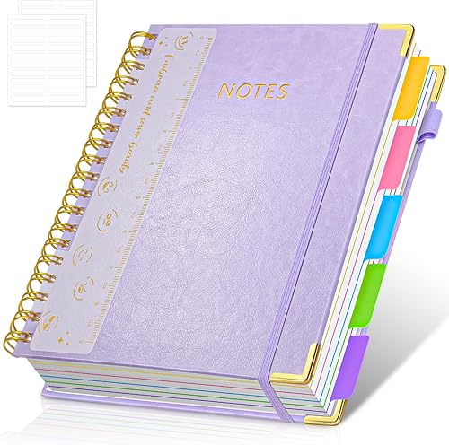 Cuaderno en espiral de tapa dura, cuadernos B5 grandes de 8 x 10 pulgadas con pestañas divisorias extraíbles, 300 páginas de cuero de 5 materias,