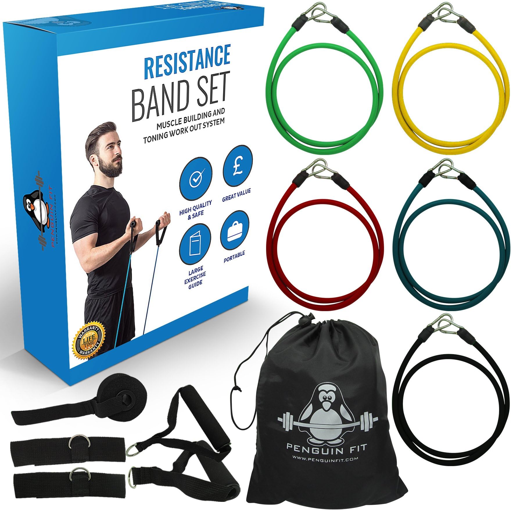 Resistance Bands Set by Penguin Fit - for Men and Women - Tone at Home with 101 Exercise Booklet - 5 Quality Fitness Tubes, Door Anchor, Handles, Ankle Straps and Carry Case