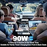 USB C Car Charger, 2 Pack 5-Port 90W Super Fast Charging Dual 30W USB-C & USB-A Multiport Car Charger Adapter Accessories Cigarette Lighter with 6ft USB-C Cable for iPhone 17 16 15 Pro Max,iPad,Galaxy