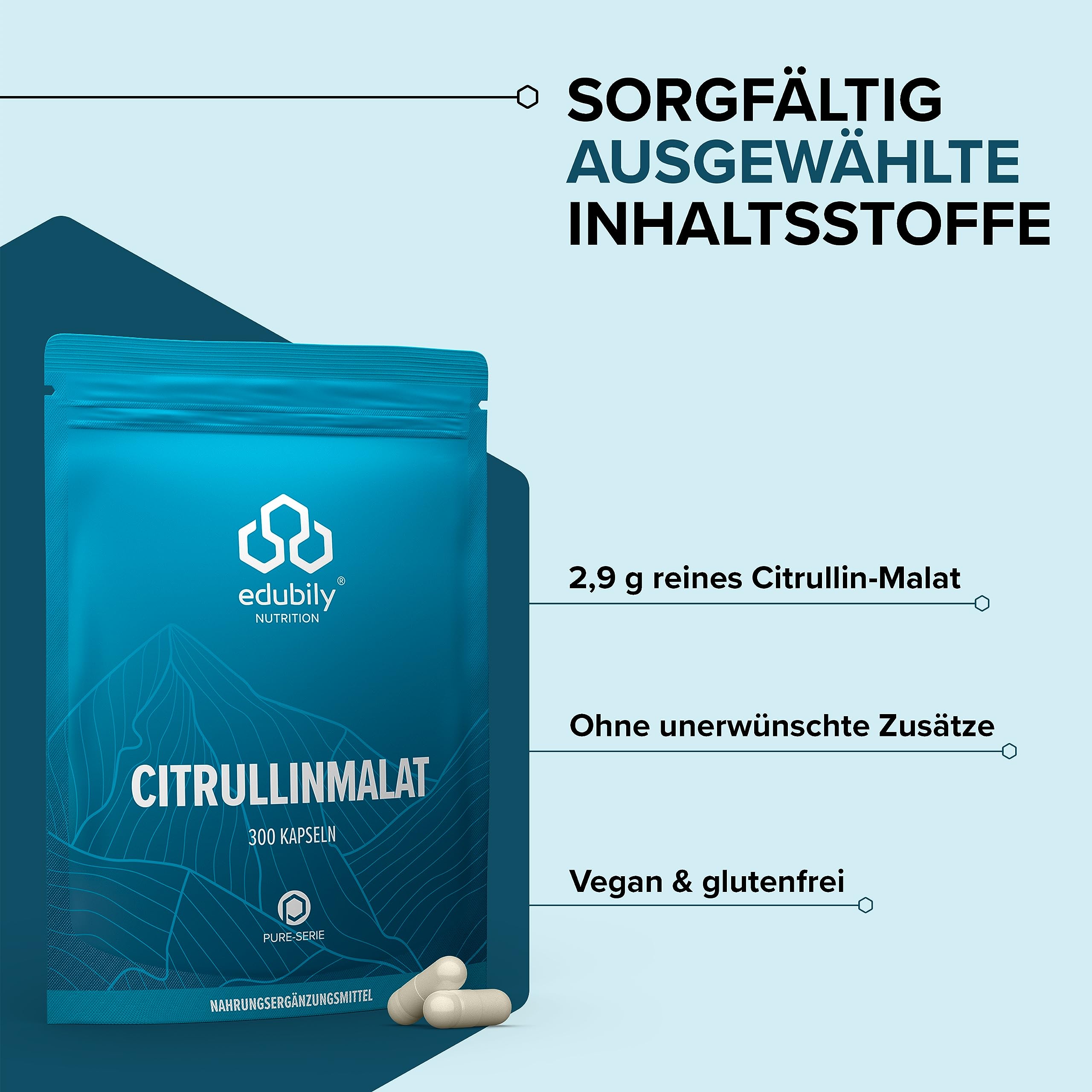 edubily® Citrullin Malat Kapseln - Pre-Workout Supplement - 2,9 g reines L-Citrullinmalat pro Kapsel - ohne Koffein (300 Kapseln)