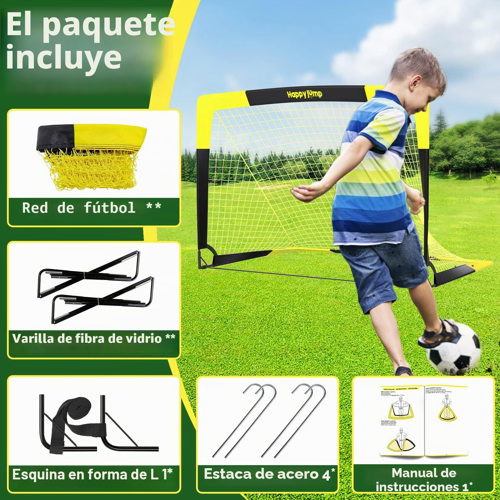Happy Jump Portería de Fútbol Pop-Up Plegable 120x91 152x110 213x152 cm Portátil para Jardín Entrenamiento