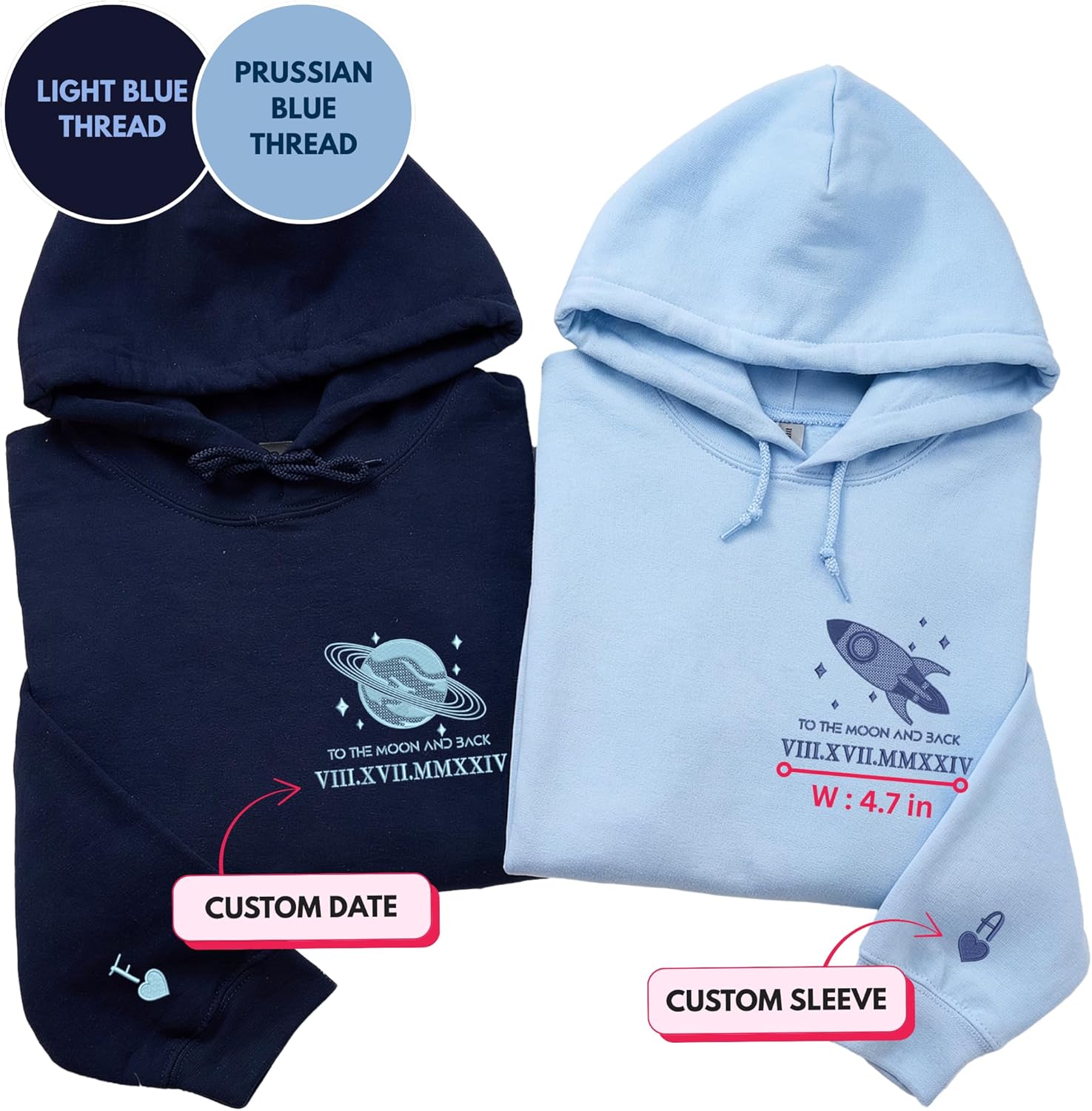Custom To The Moon And Back Embroidered Hoodies – Matching Couple Hoodie Gift For Valentine or Anniversary - Image 3