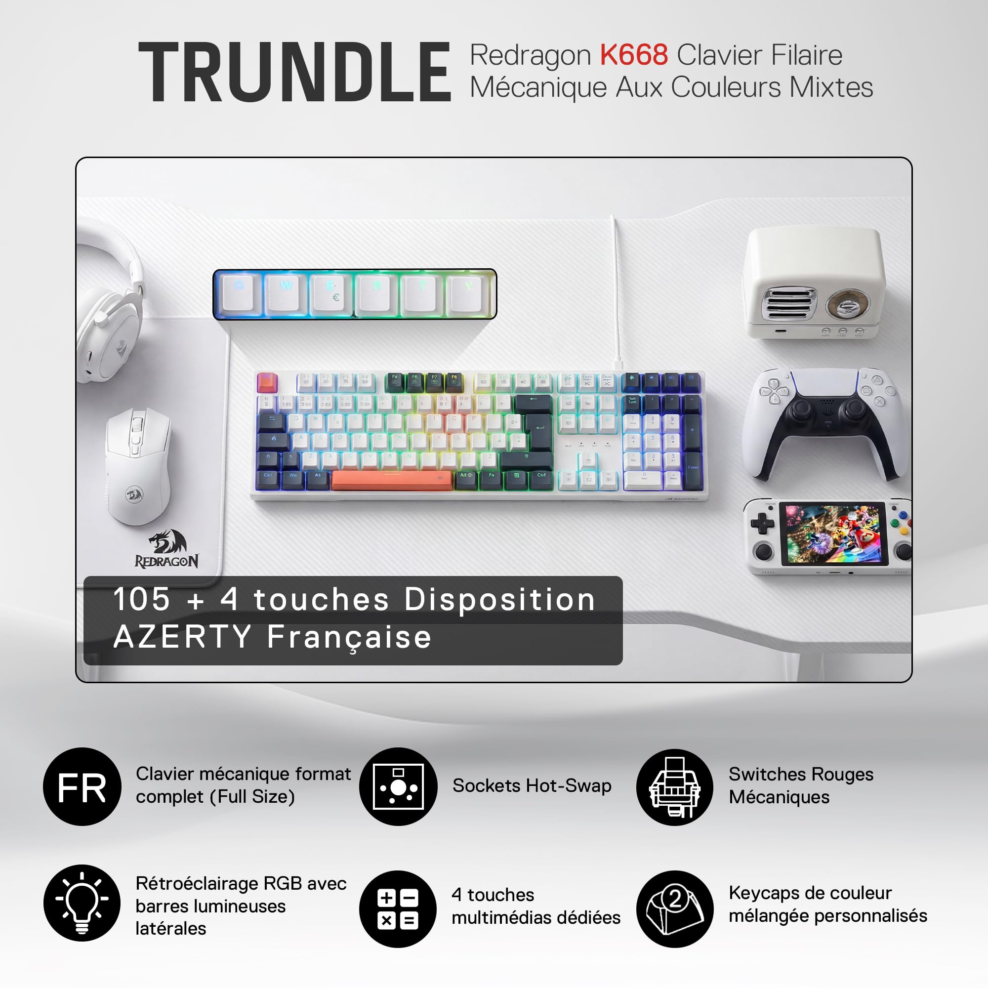 Redragon K668 Clavier Gaming Mécanique Filaire AZERTY, 105+4 Touches, Rétroéclairage RGB, Interrupteurs Rouges Remplaçables à Chaud, Mousse Absorbant Le Son
