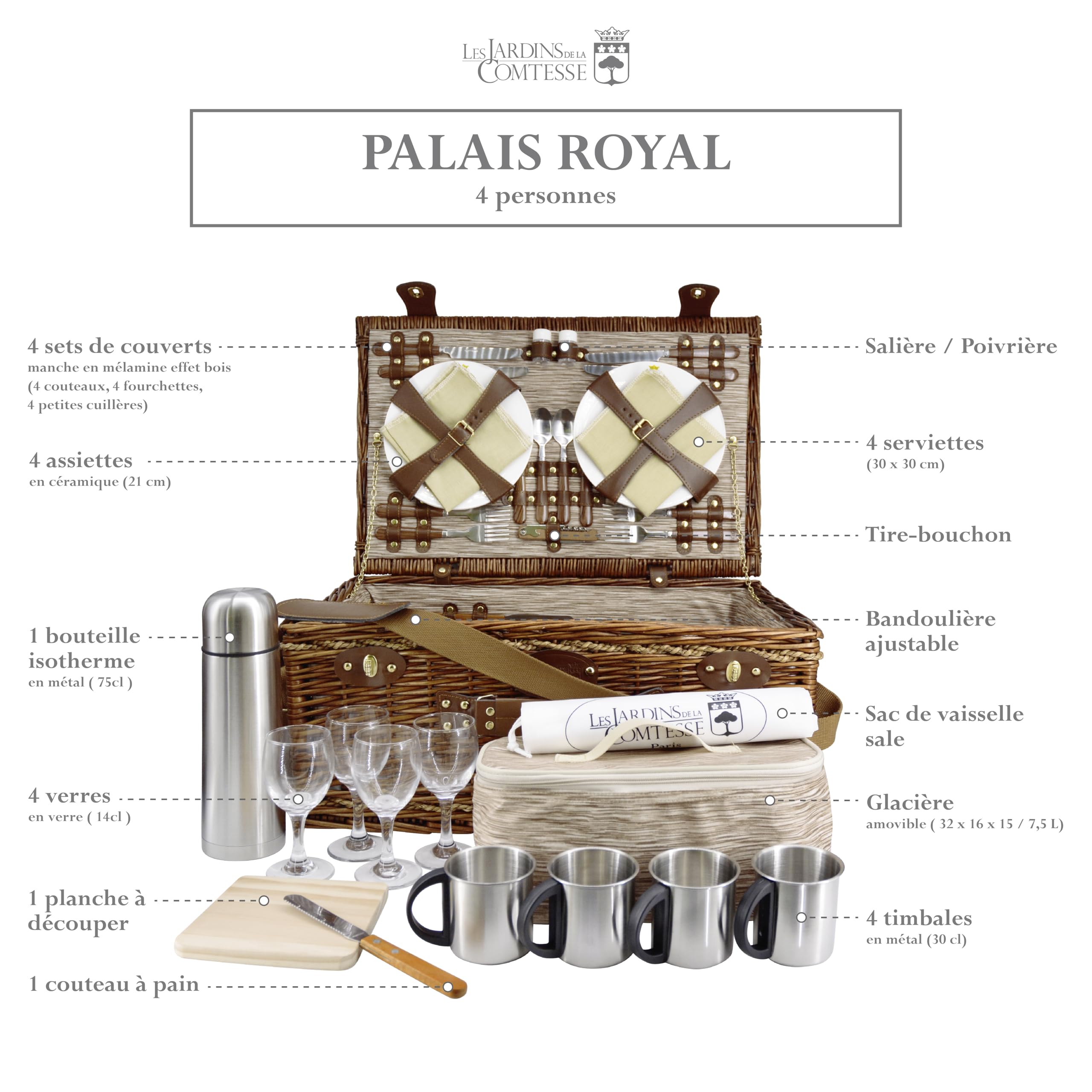 Les Jardins de la Comtesse - Cestino da Picnic Palais Royal - Vimini Natural - Completo/4 Pers - Scomparto Isotermico - Piatti in Ceramica/Calici in Vetro - Tessuto Marrone - 56 x 37 x 26 cm