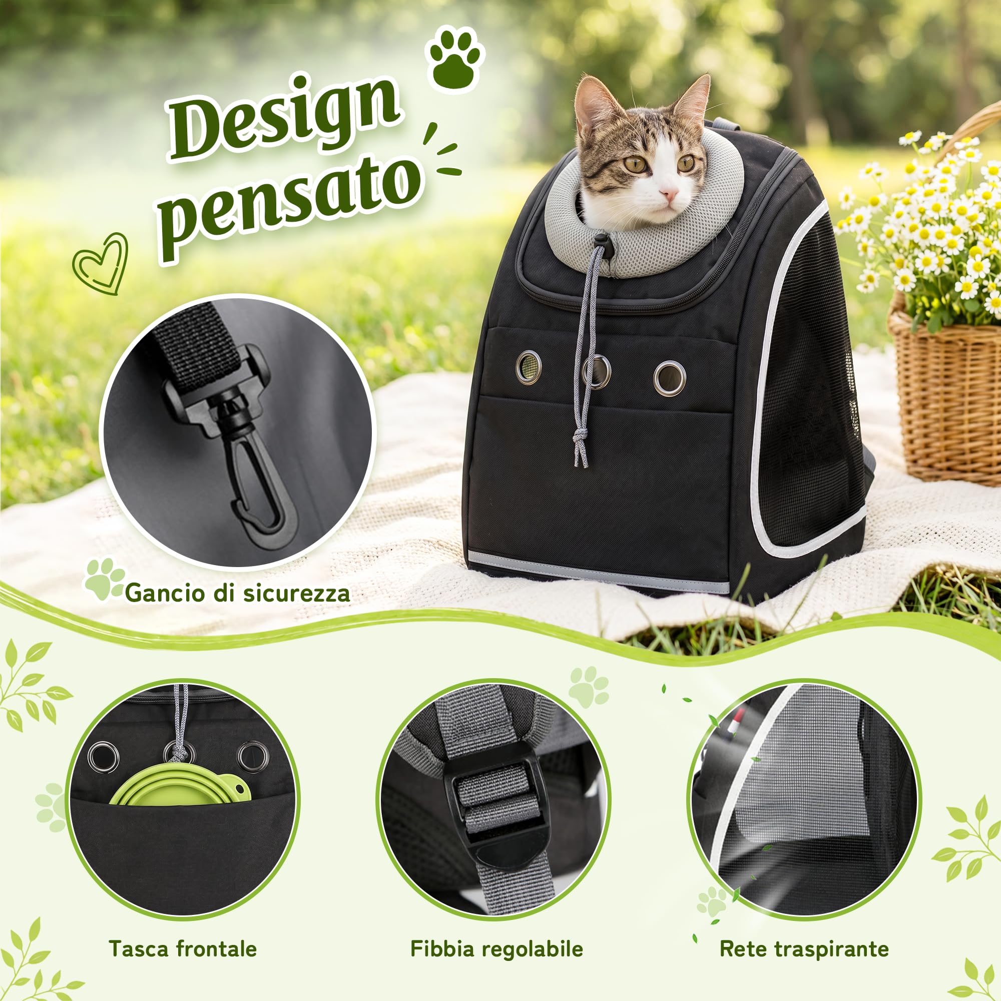 ALLSOPETS Zaino Cani Zaini Porta Cani Gatti Zaino Trasporto Cani e Cuccioli Marsupio Animali Domestici Zaino Gatto con Guinzaglio di Sicurezza per Viaggo Campeggio Escursioni (Nero Carbone)